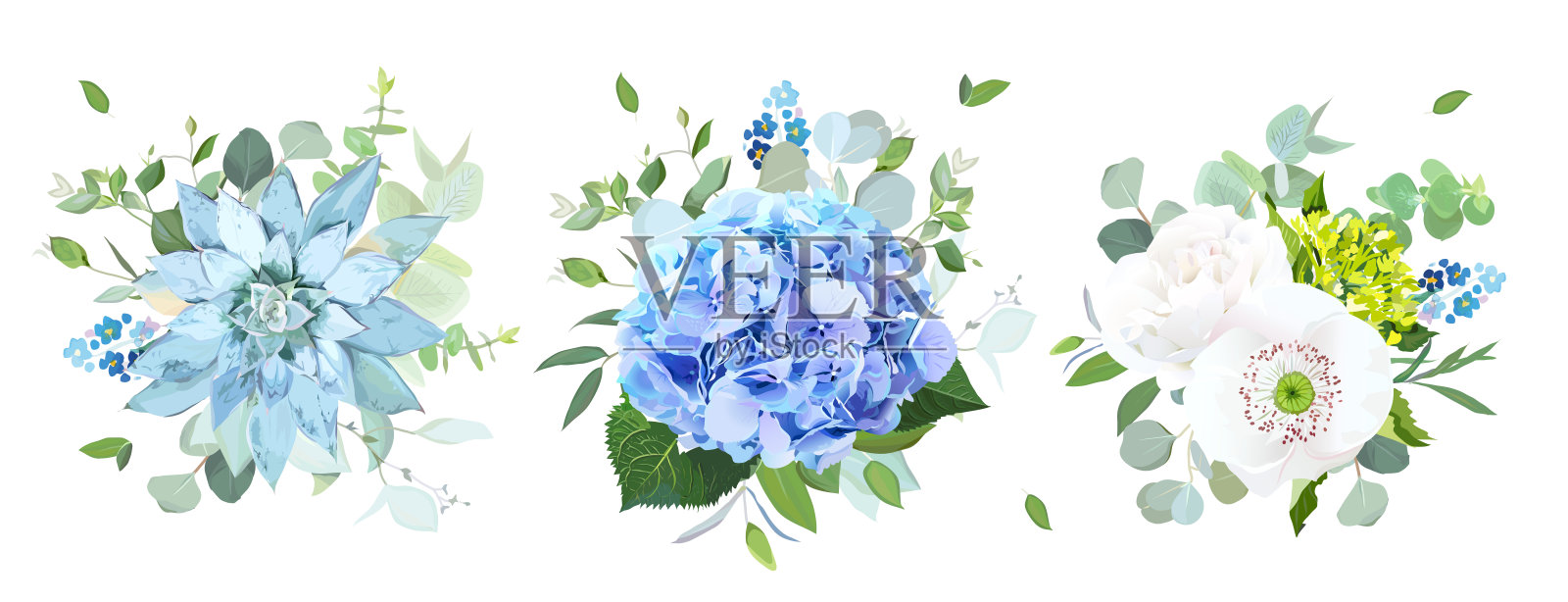 蓝色和白色的花矢量设计花束插画图片素材