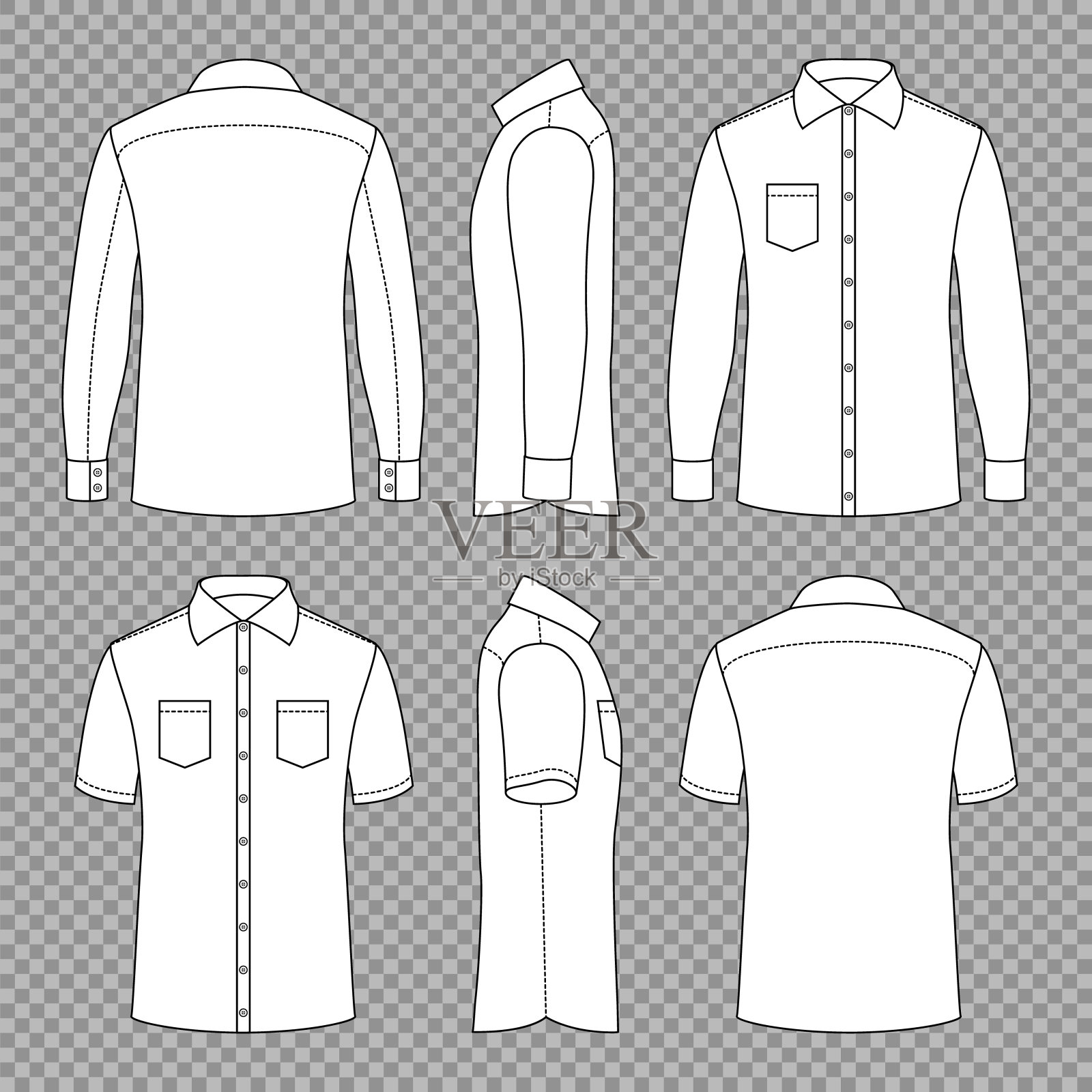 休闲男子空白轮廓衬衫与短袖和长袖在前面，后面和侧面的观点。向量模板隔离设计元素图片