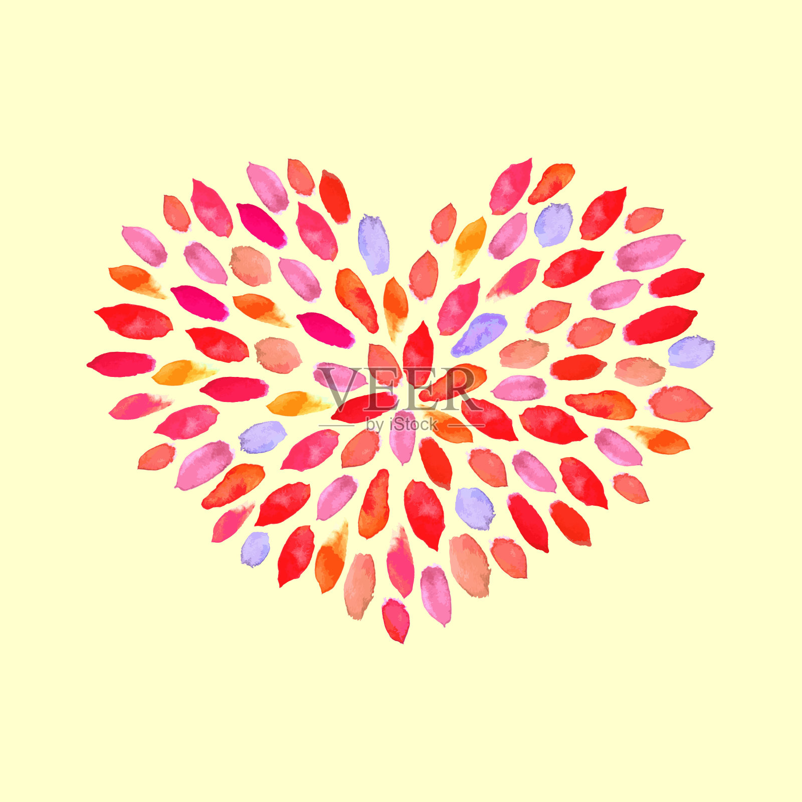 抽象花卉水彩图案心形。矢量手绘纹理与红色，粉色，橙色，蓝色花瓣，米黄色背景上的叶子。插画图片素材