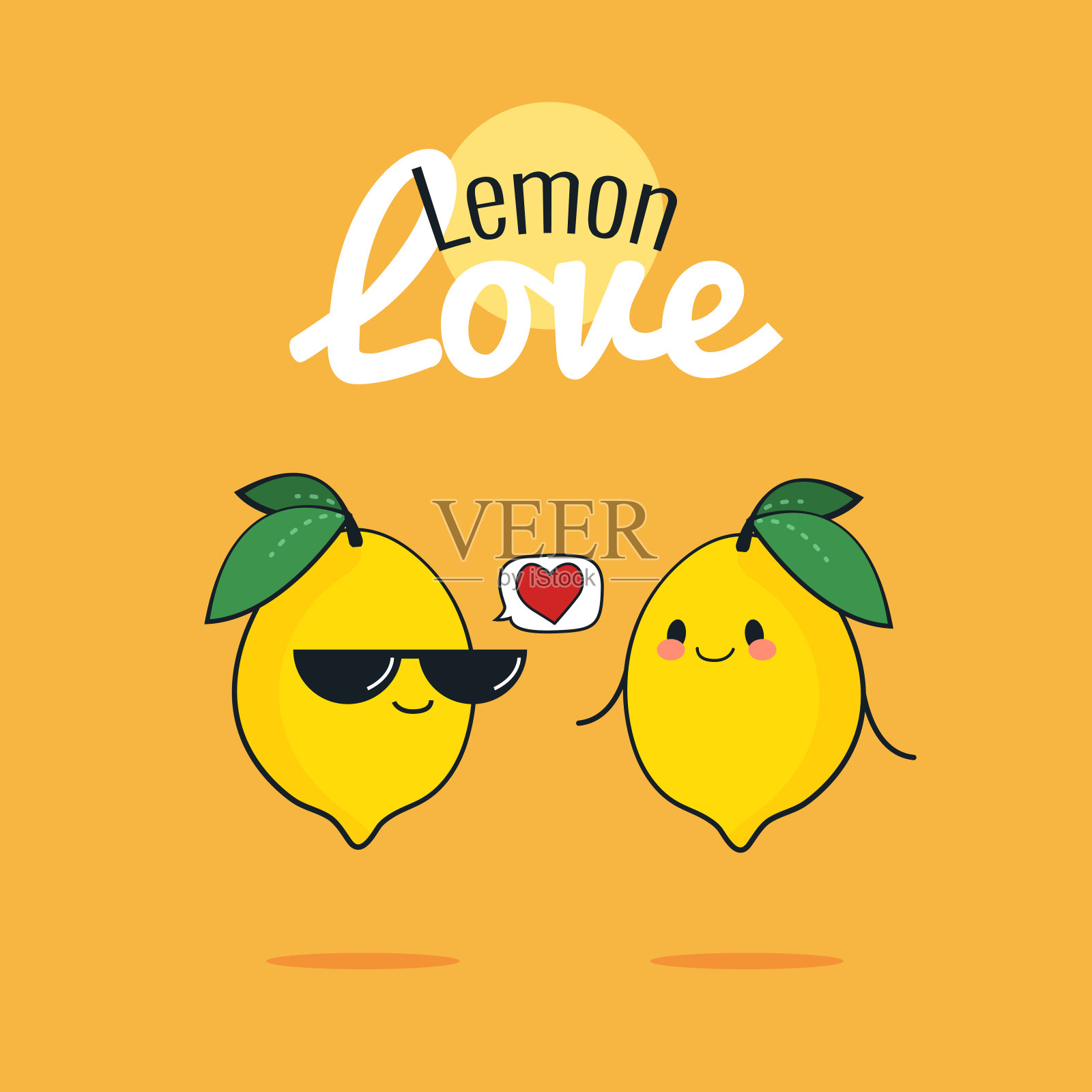 柠檬卡通人物，可爱的水果夫妇，复古海报平面设计与矢量插图插画图片素材