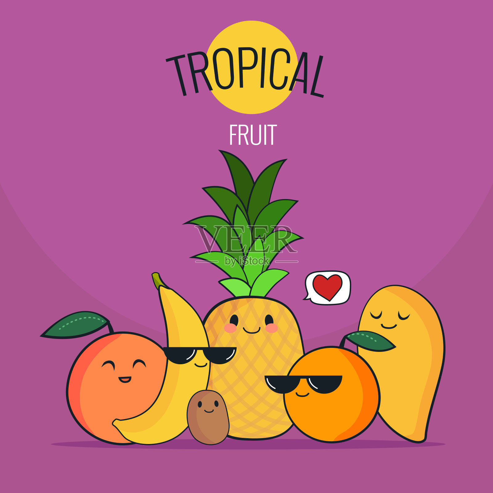 有趣的热带水果集。菠萝，芒果，橙子，猕猴桃，香蕉，柚子。矢量动画。永远的朋友。可爱的漫画人物。插画图片素材