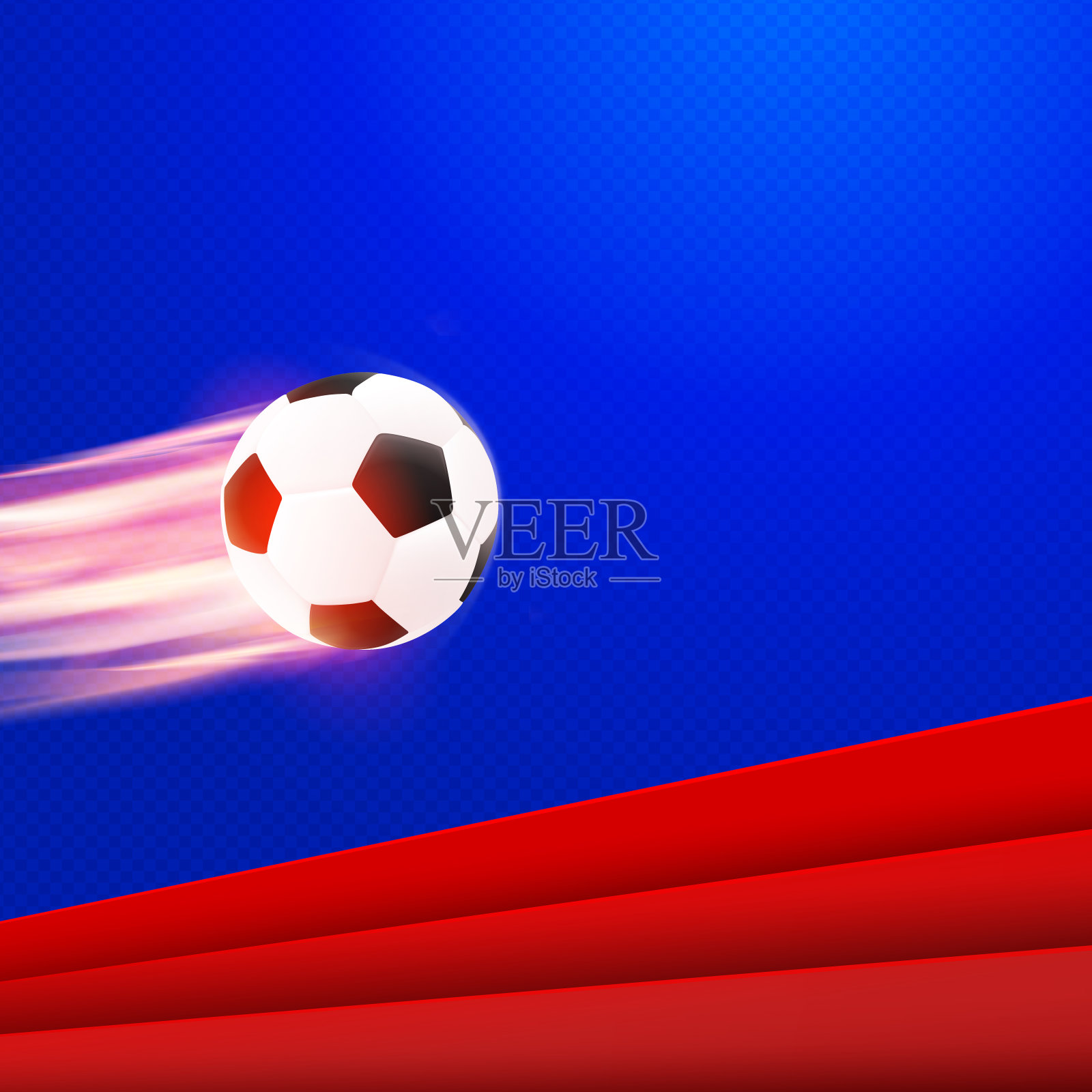 足球海报设计。红蓝色矢量背景与黑白现实飞行足球在火。运动旗帜模板插画图片素材