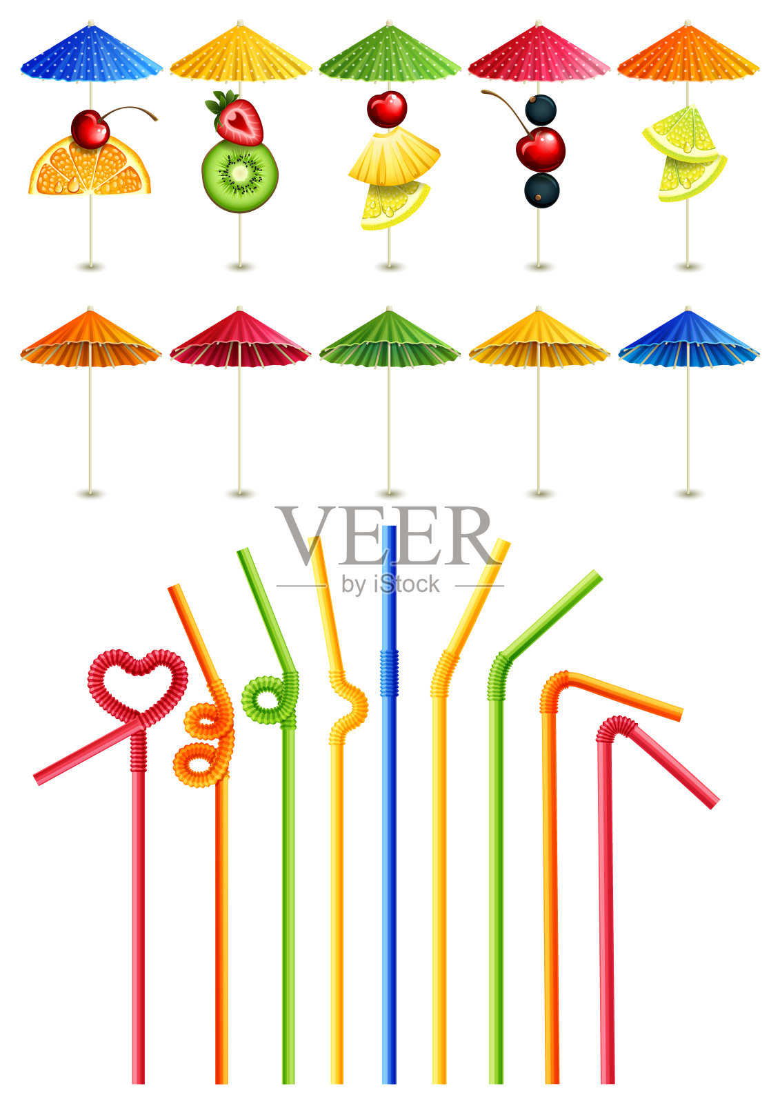 鸡尾酒吸管和雨伞插画图片素材