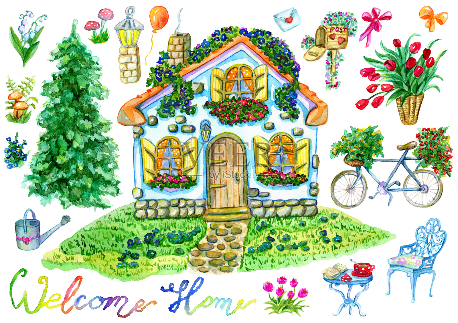 设计集可爱的别墅，花园物体和家具，花，自行车和字母孤立在白色设计元素图片