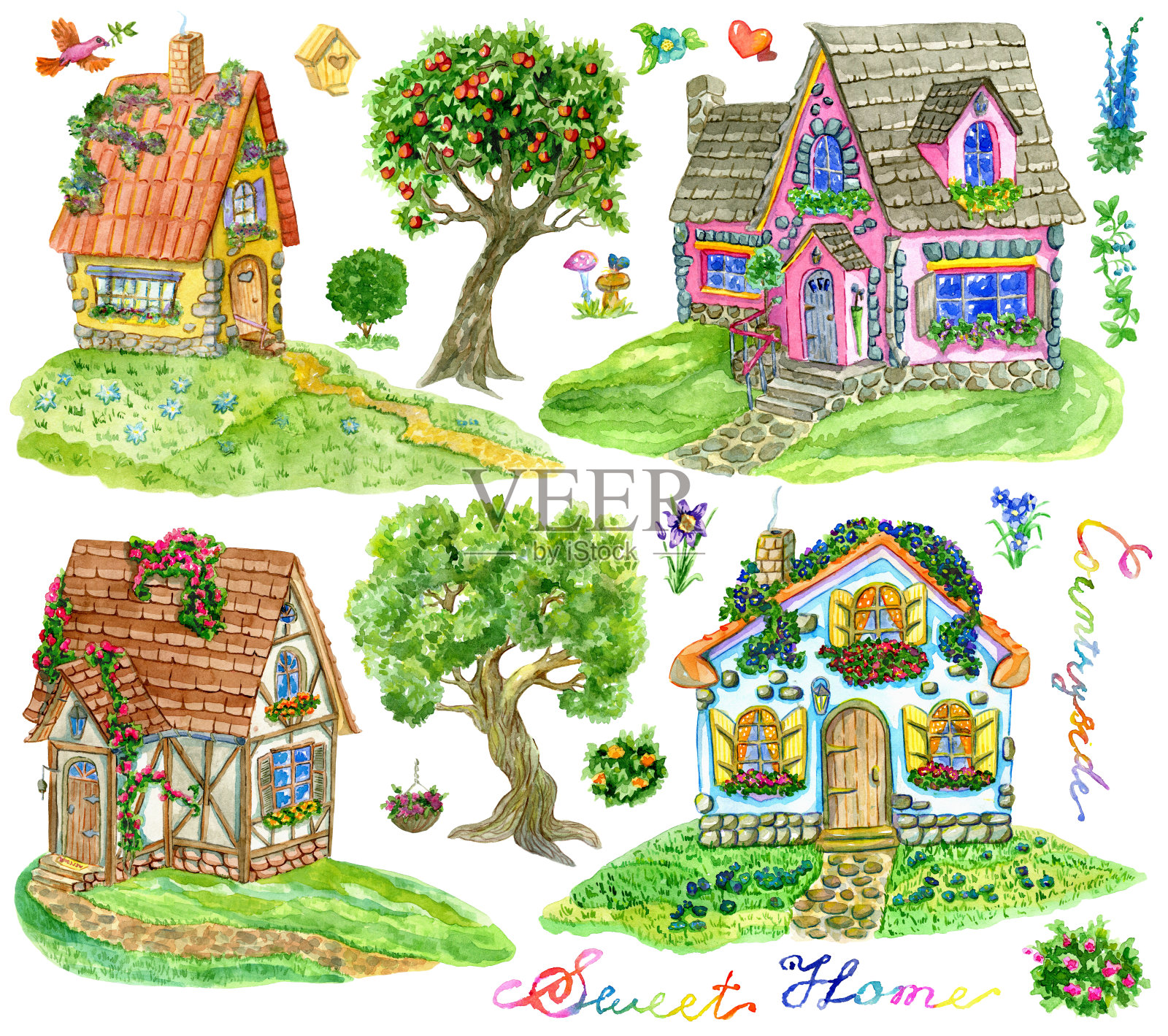 设计集美丽的小屋，树木，字母和花园对象孤立在白色设计元素图片