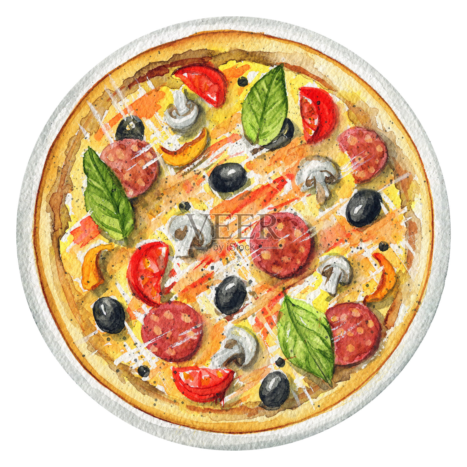 水彩披萨配蘑菇、意大利腊肠、橄榄和樱桃番茄设计元素图片
