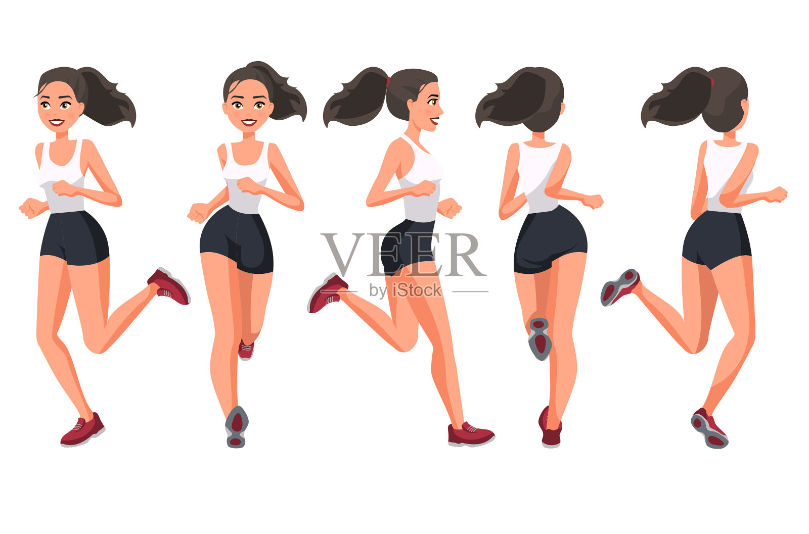 矢量插图的年轻女子在休闲服装跑步。卡通逼真的人插图。平坦的年轻女子。正面，侧面和背面视图。等距视图。运动的女人。运动、培训、运行。插画图片素材