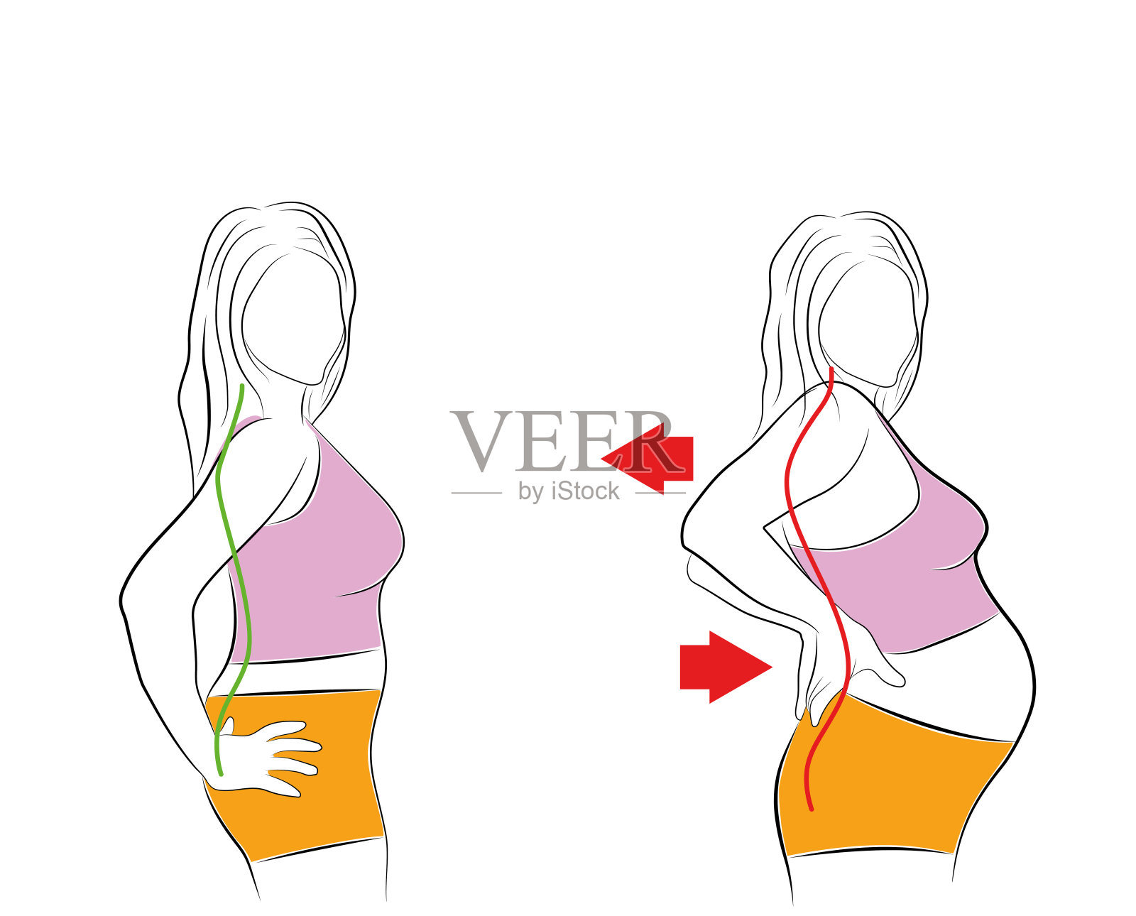 怀孕的女人。背痛。矢量插图。插画图片素材