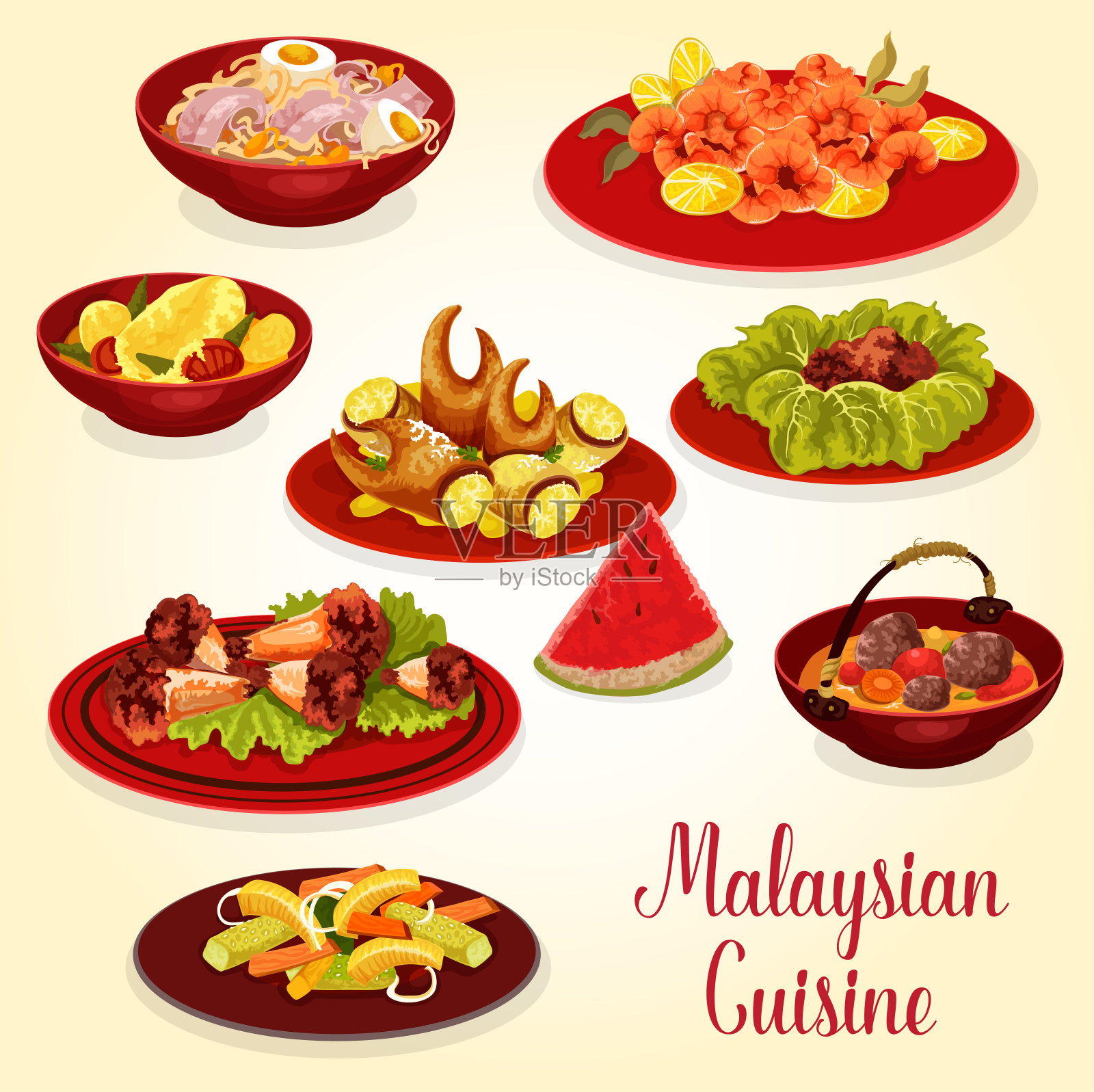 马来西亚美食的象征肉和海鲜菜肴插画图片素材