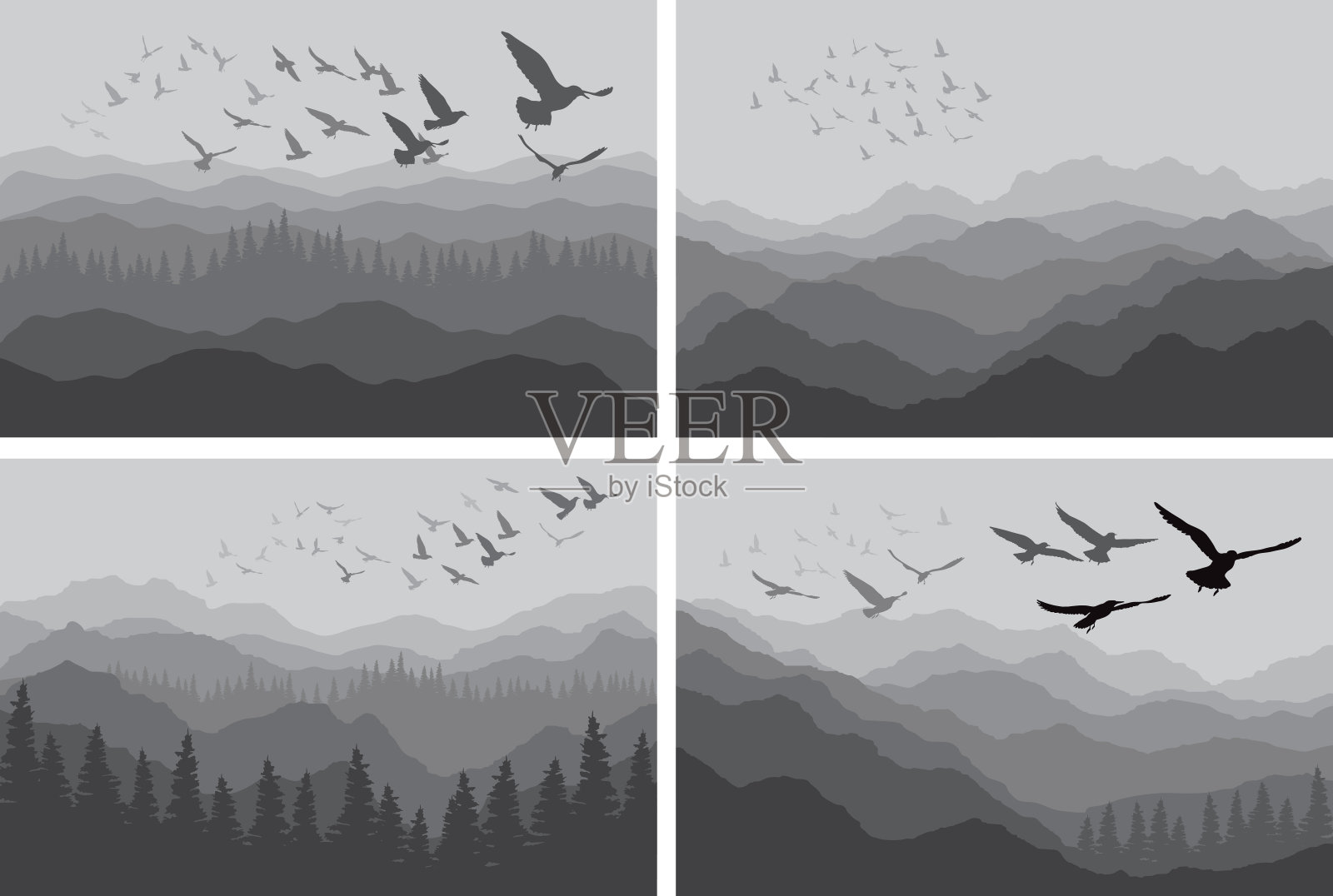 一套景观横幅与鸟类的剪影越过山脉和森林插画图片素材