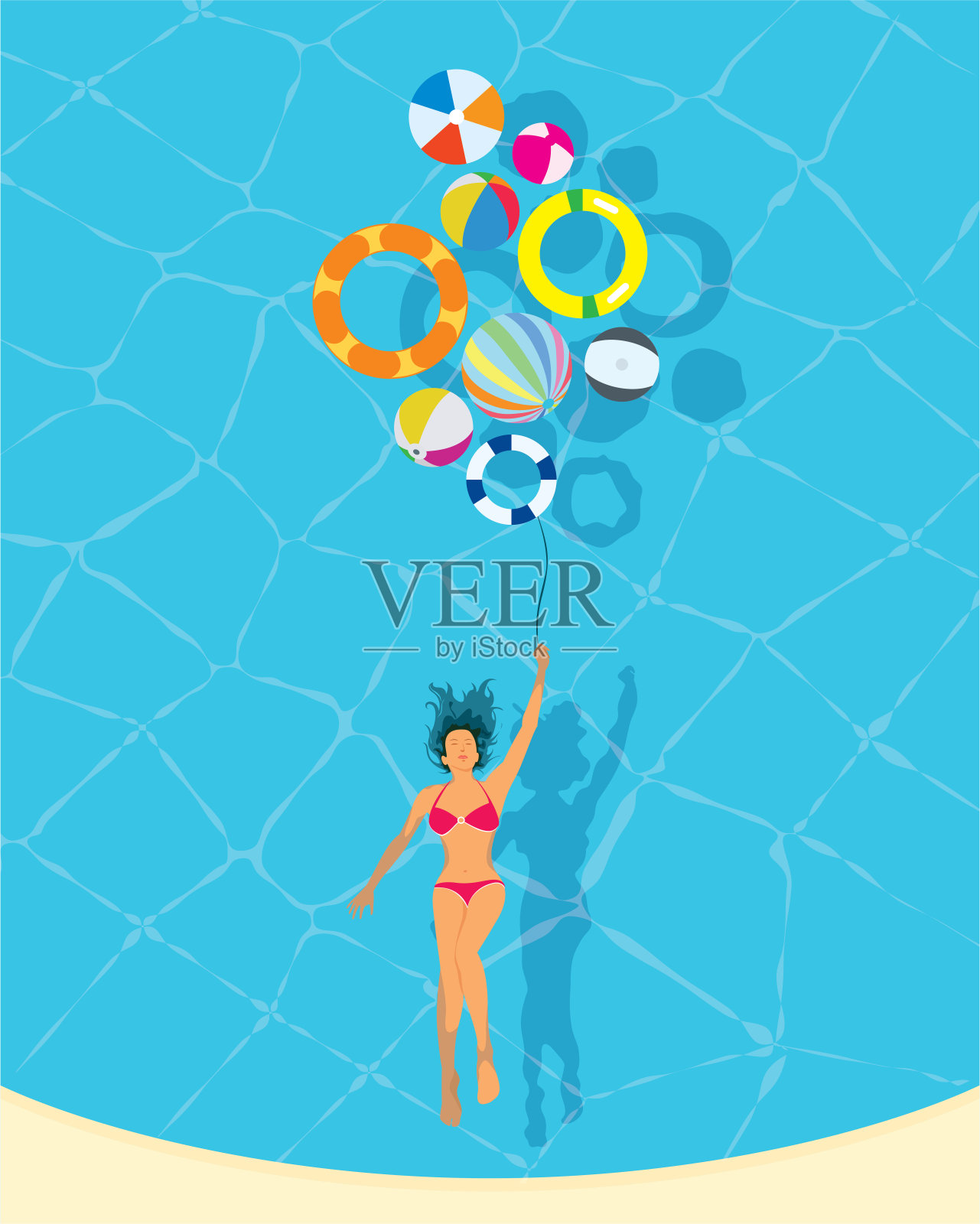 放松年轻女子与彩色游泳环沙滩球在度假村游泳池插画图片素材