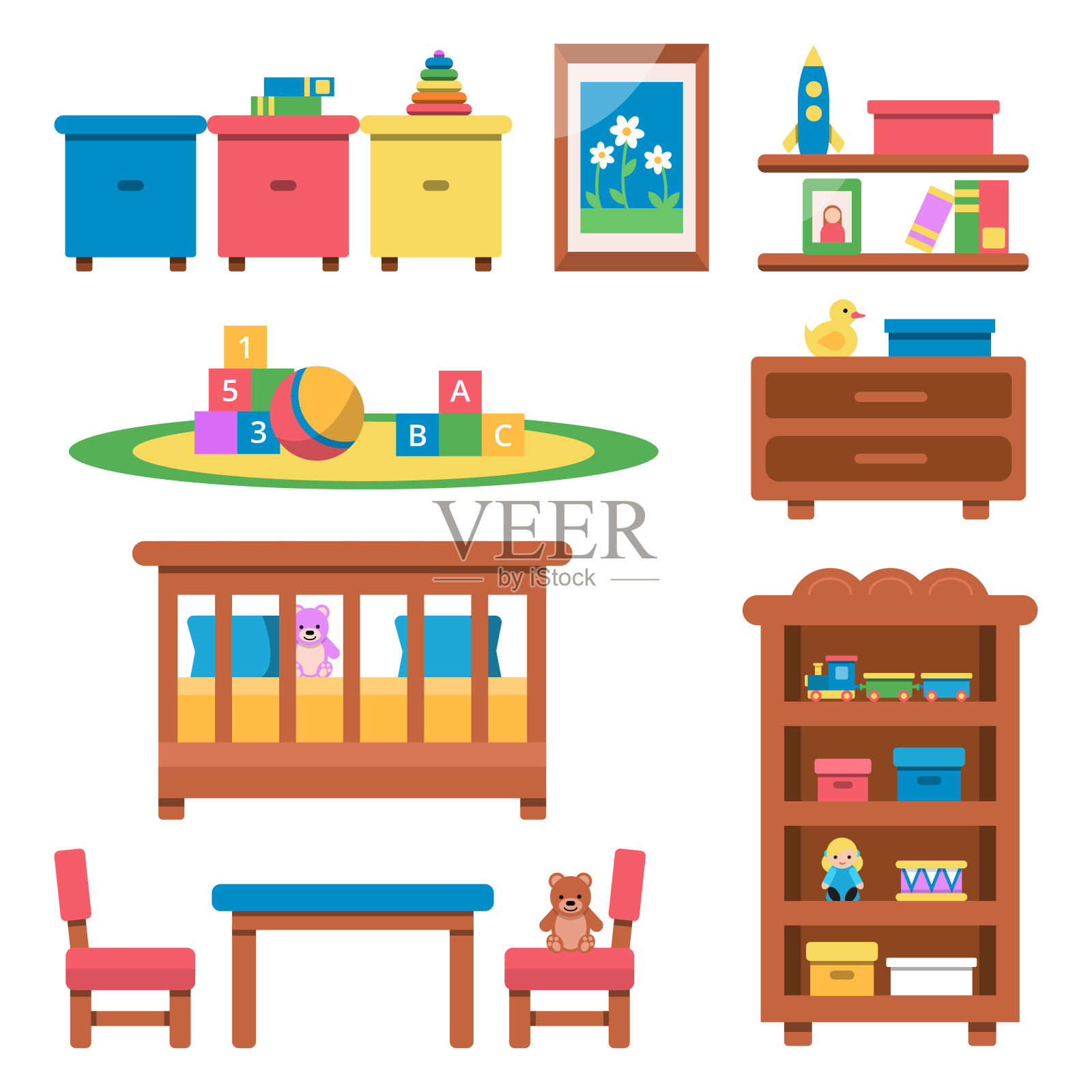 矢量平面插图的玩具和家具学龄前的孩子插画图片素材