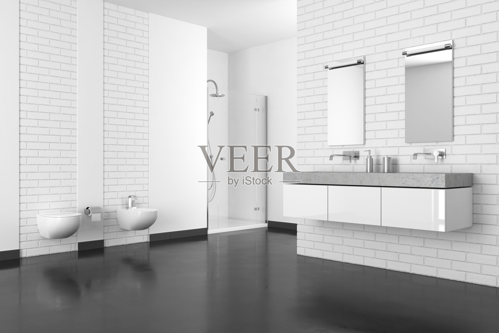 现代浴室，白色砖墙和深色地板照片摄影图片