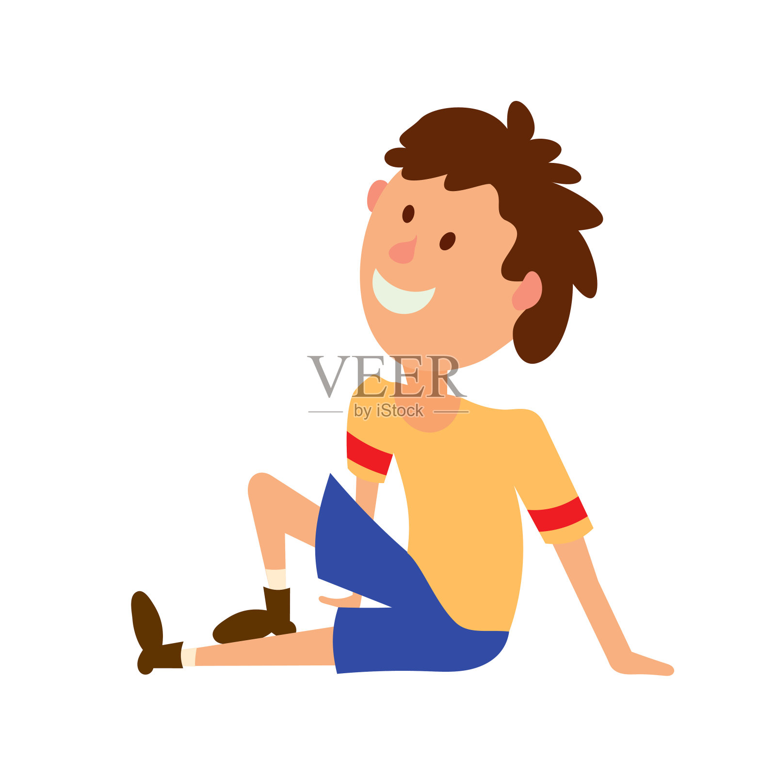 矢量插图的一个男孩在黄色t恤和短裤坐在地板上。彩色图形“儿童在一个休息的位置插画图片素材