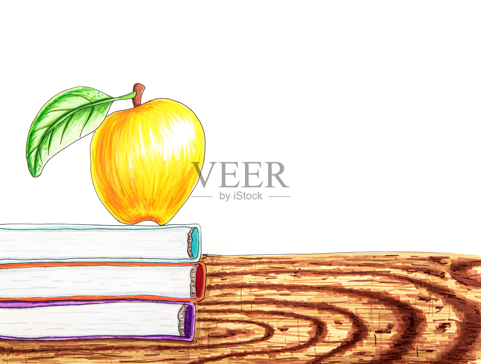 回到学校白色的背景与书籍，苹果手绘插图插画图片素材