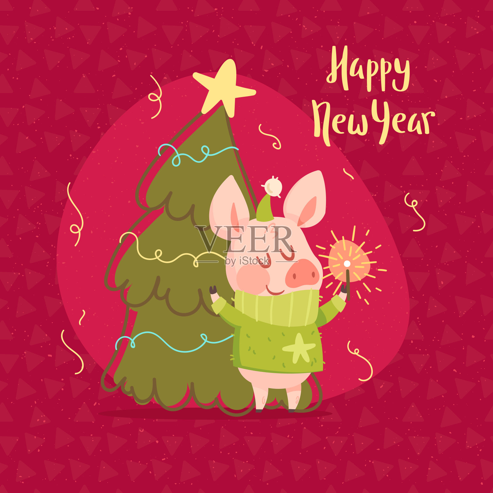 可爱小猪和圣诞树的贺年卡设计模板素材