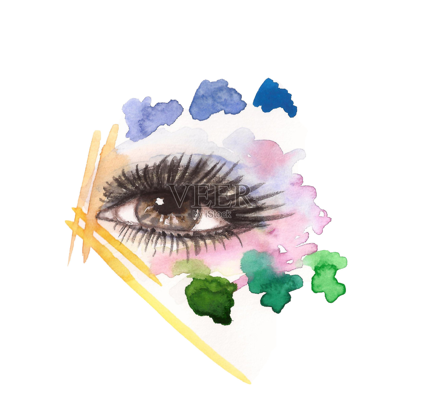 水彩女人的眼睛与化妆颜色和睫毛，时尚插图插画图片素材