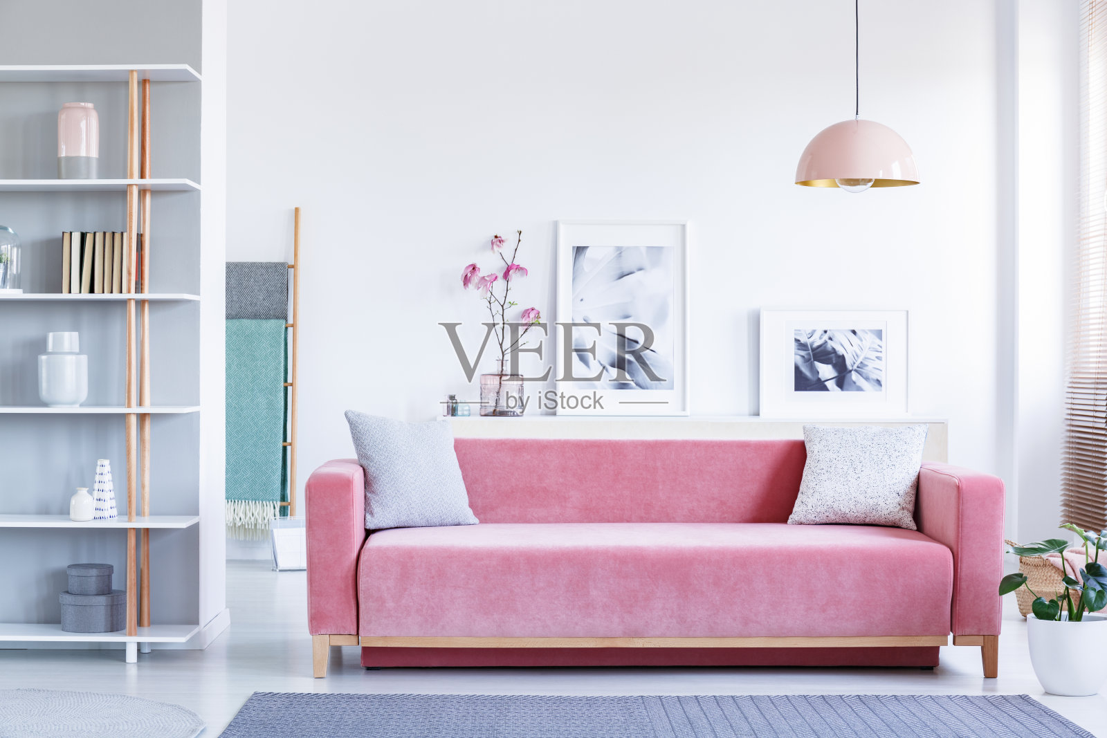 粉色靠垫沙发上方的台灯，色彩柔和的客厅内饰有鲜花和海报。真实的照片照片摄影图片