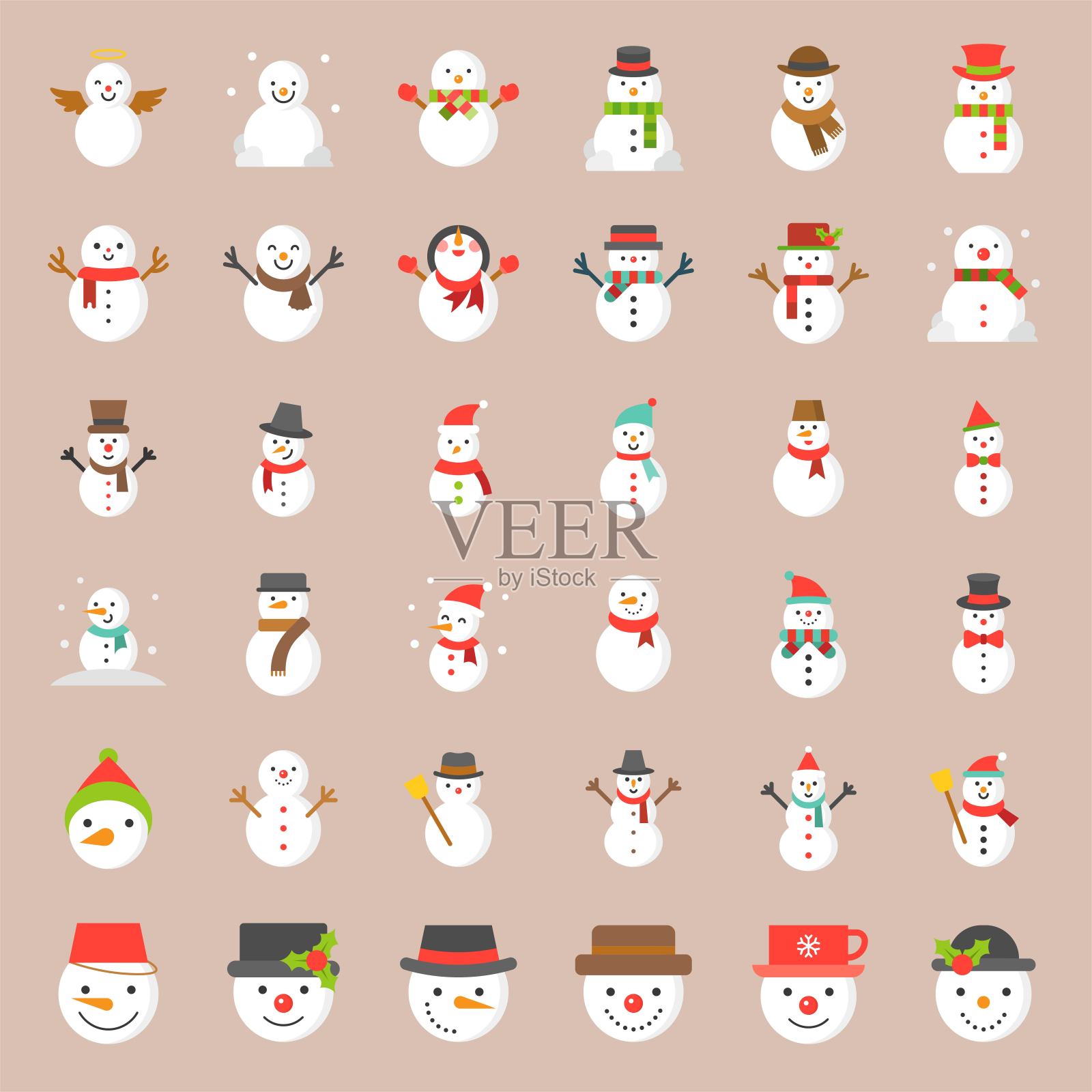 可爱的雪人在各种各样的设计与帽子，茶杯，围巾和圣诞帽，扁平图标设计元素图片