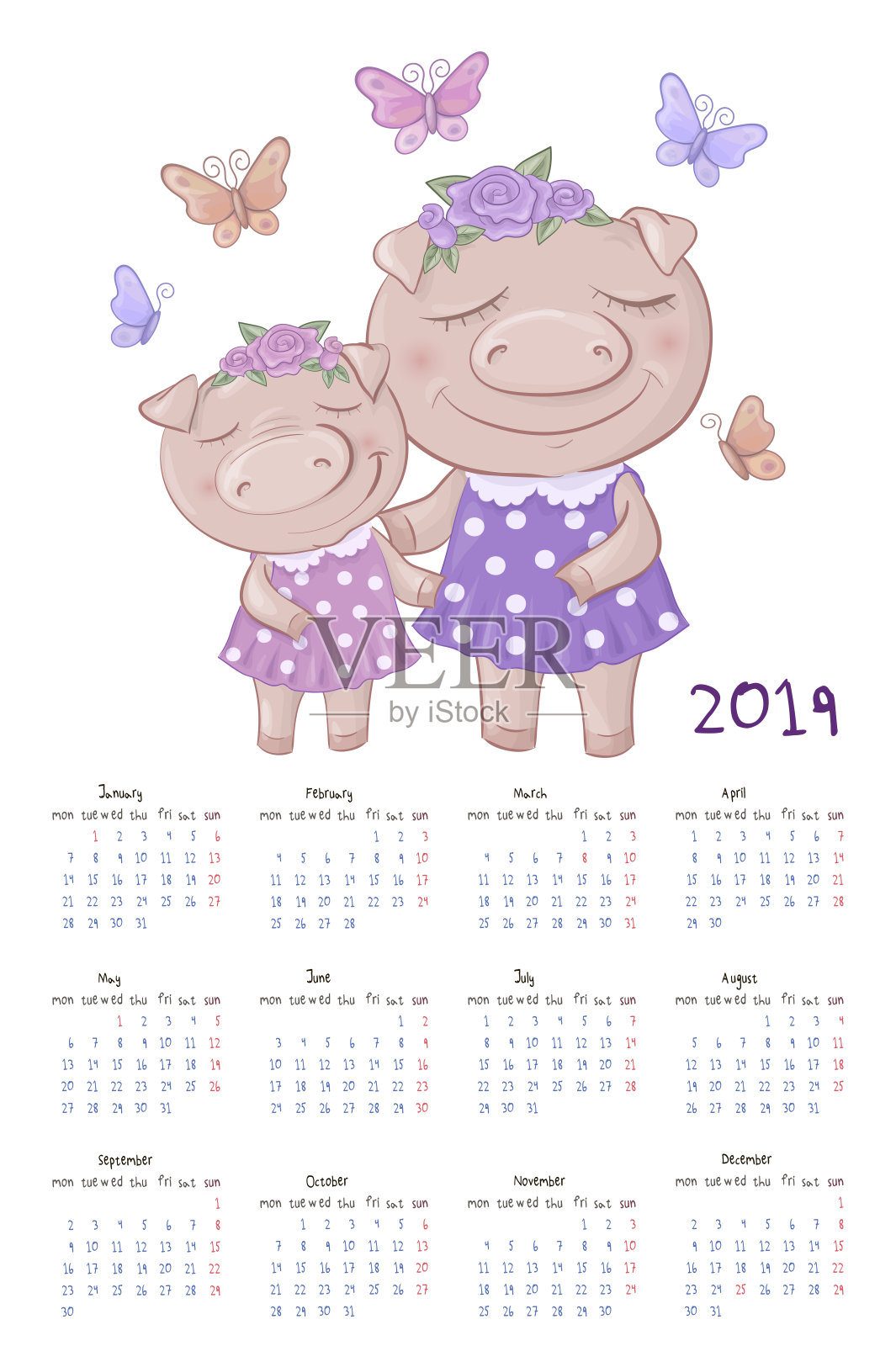 每月创意日历2019与可爱的卡通猪。设计模板素材
