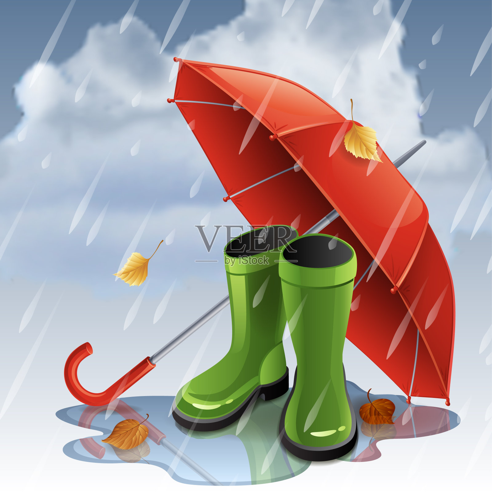 秋天的背景与红色伞和绿色胶靴。插画图片素材