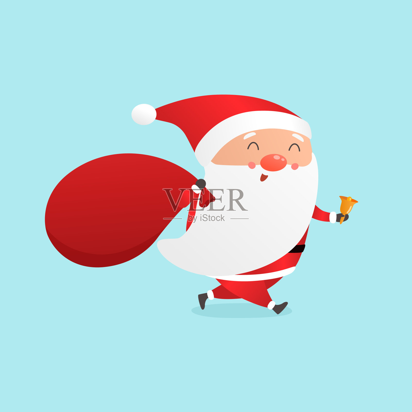圣诞老人来了。可爱的圣诞老人与巨大的红色袋子与礼物矢量插图。插画图片素材
