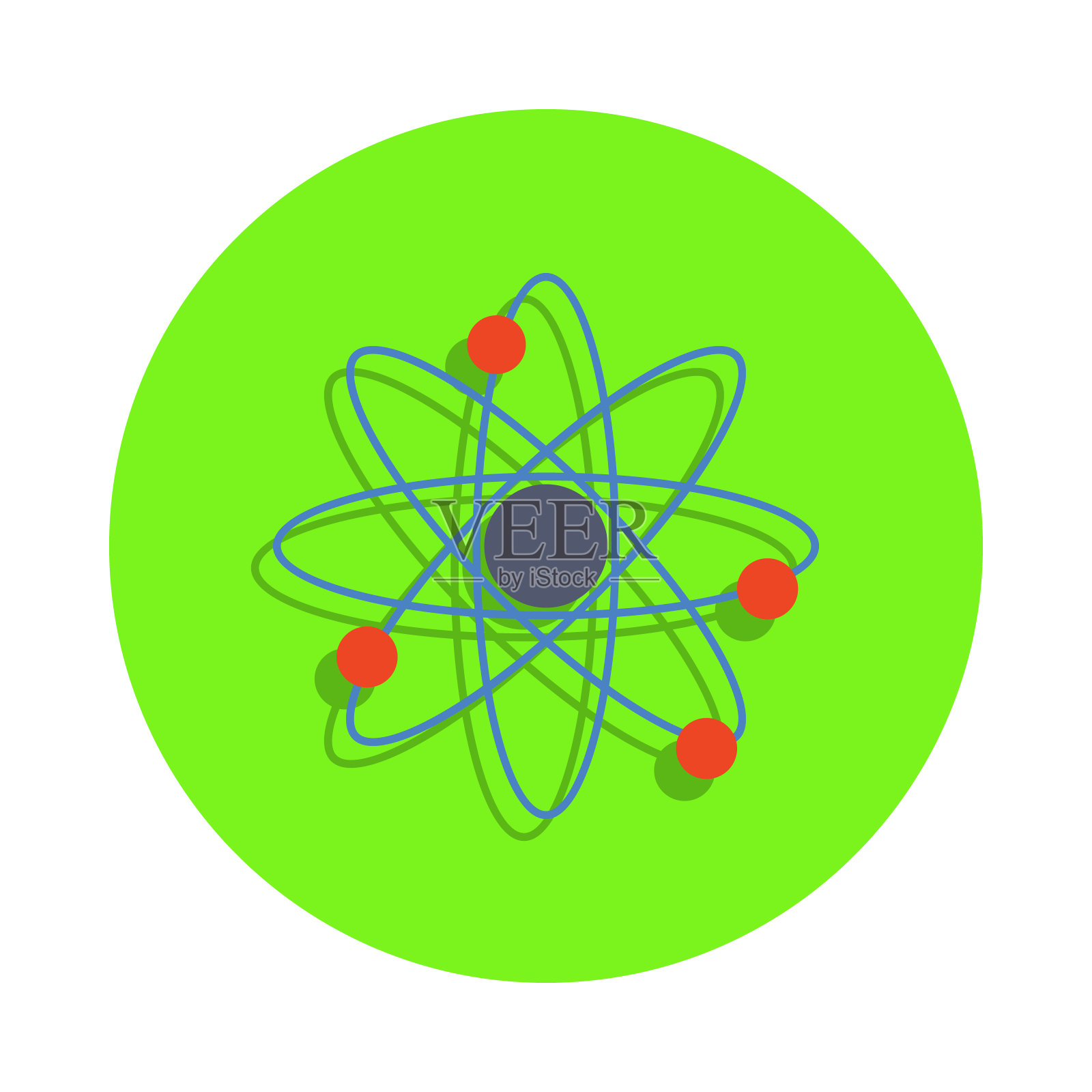 彩色原子在绿色徽章图标。移动概念和web应用的科学和实验室元素。详细的原子图标插画图片素材