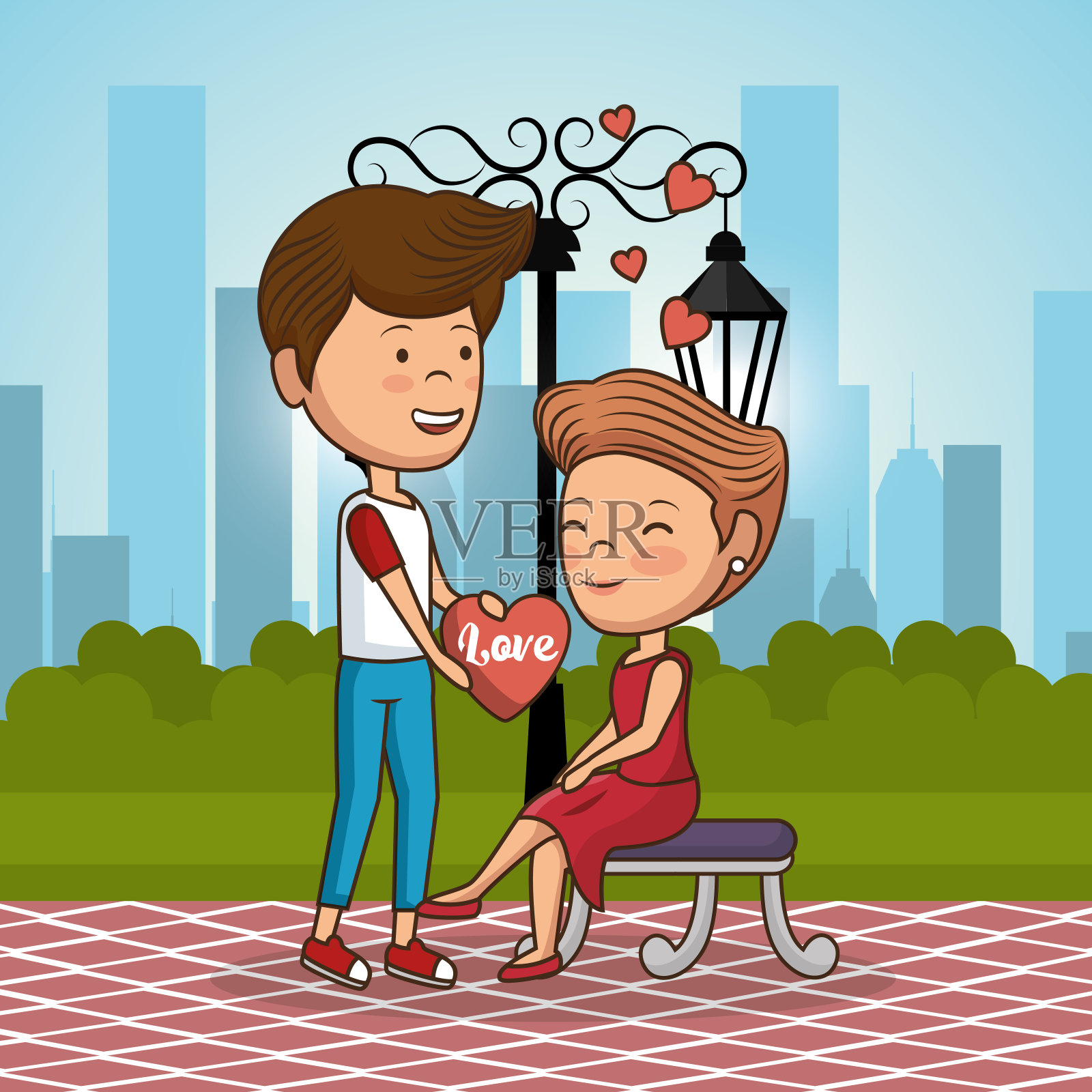 一对在公园椅子上相爱的情侣插画图片素材