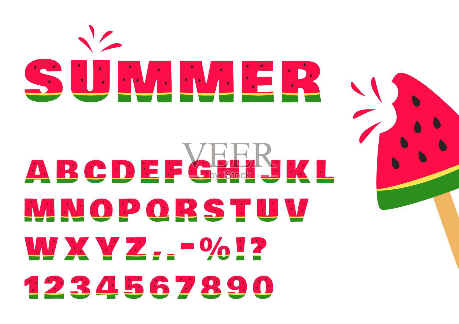 西瓜字体，夏季字母和数字。矢量图插画图片素材