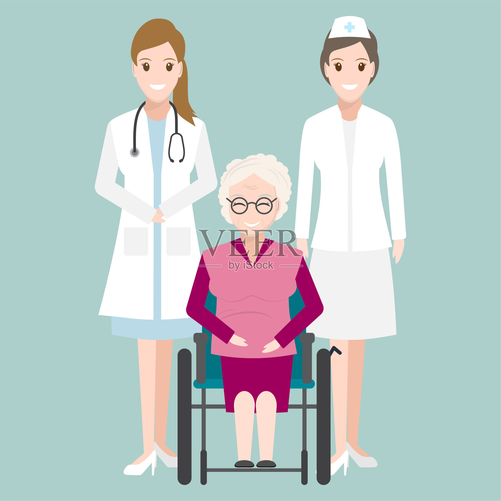 医生、护士和老年妇女坐轮椅插图，医疗护理理念插画图片素材