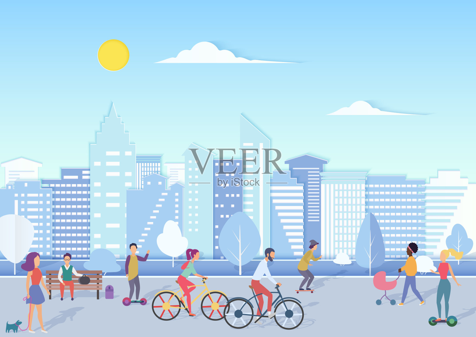 人们骑着自行车、滑板、婴儿在以现代城市天际线为背景的城市广场街道上散步和放松。时髦的平面梯度矢量插图。插画图片素材
