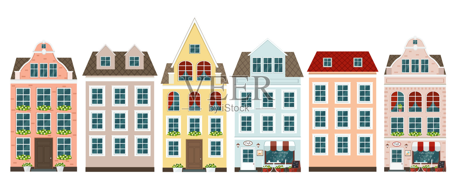 一套欧洲的彩色老房子插画图片素材