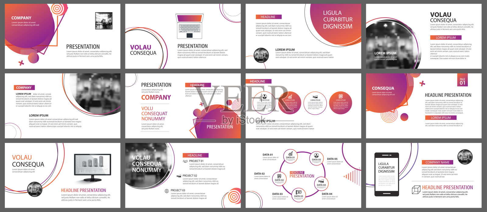 演示文稿和幻灯片布局背景。设计橙色和紫色梯度几何模板。用于商业年度报告，传单，营销，传单，广告，小册子，现代风格。设计模板素材