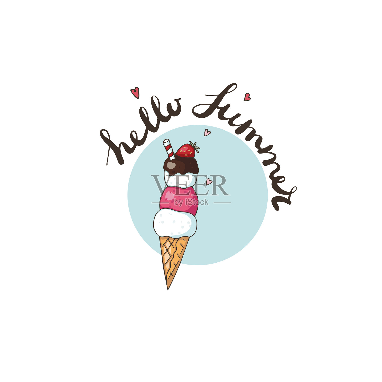 你好夏日冰淇淋印花与字母插画图片素材