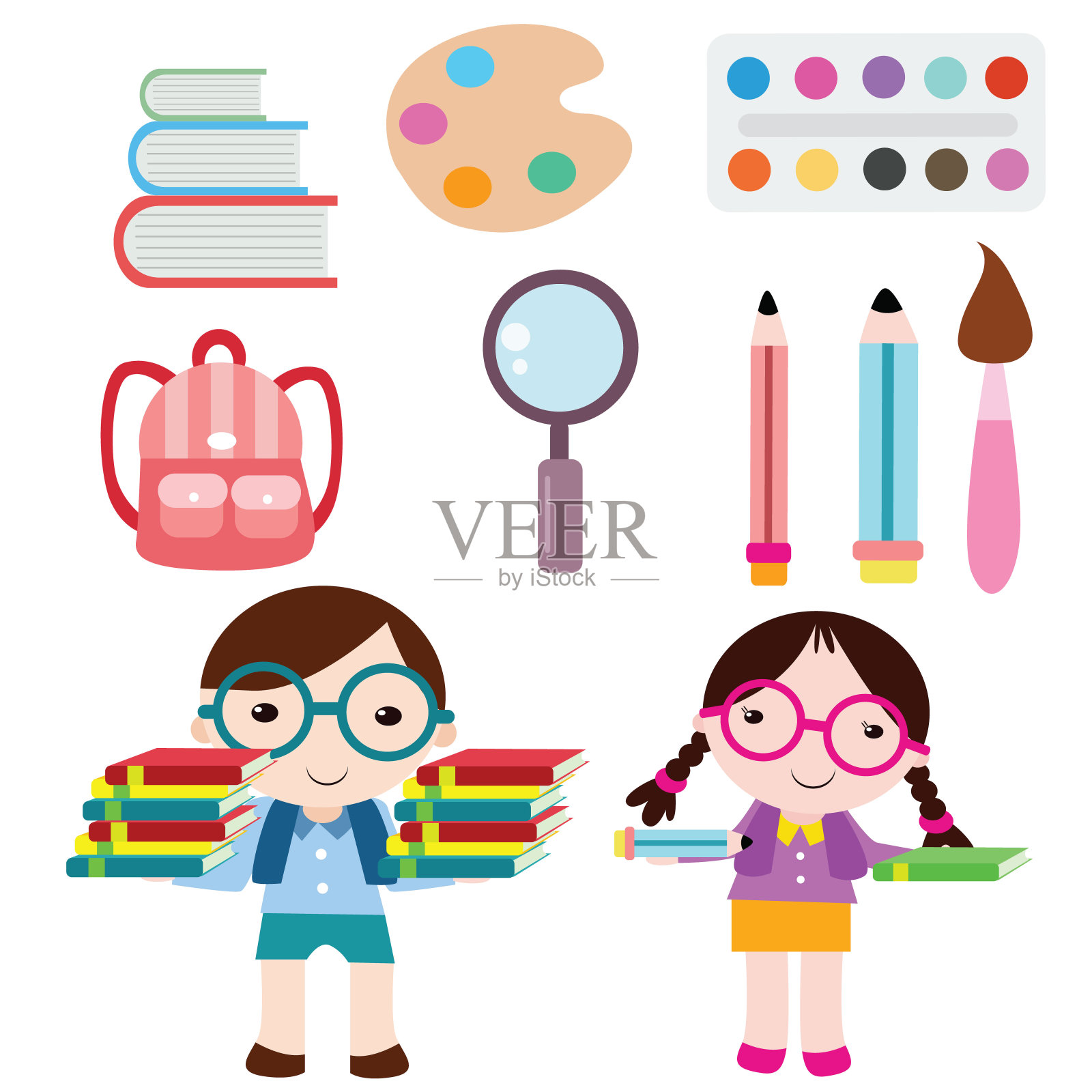 可爱的小女孩和小男孩用各种各样的眼镜固定或绘画器材，卡通人物插画图片素材