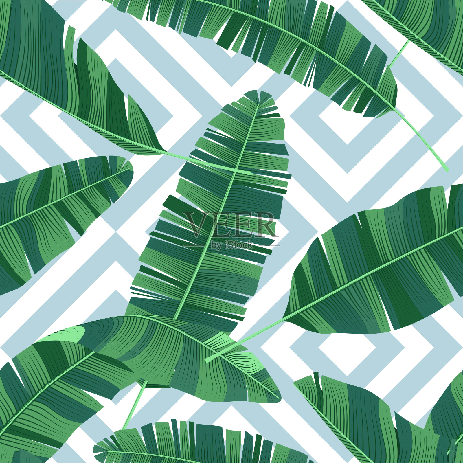 无缝图案的热带香蕉叶子上的几何点缀插画图片素材