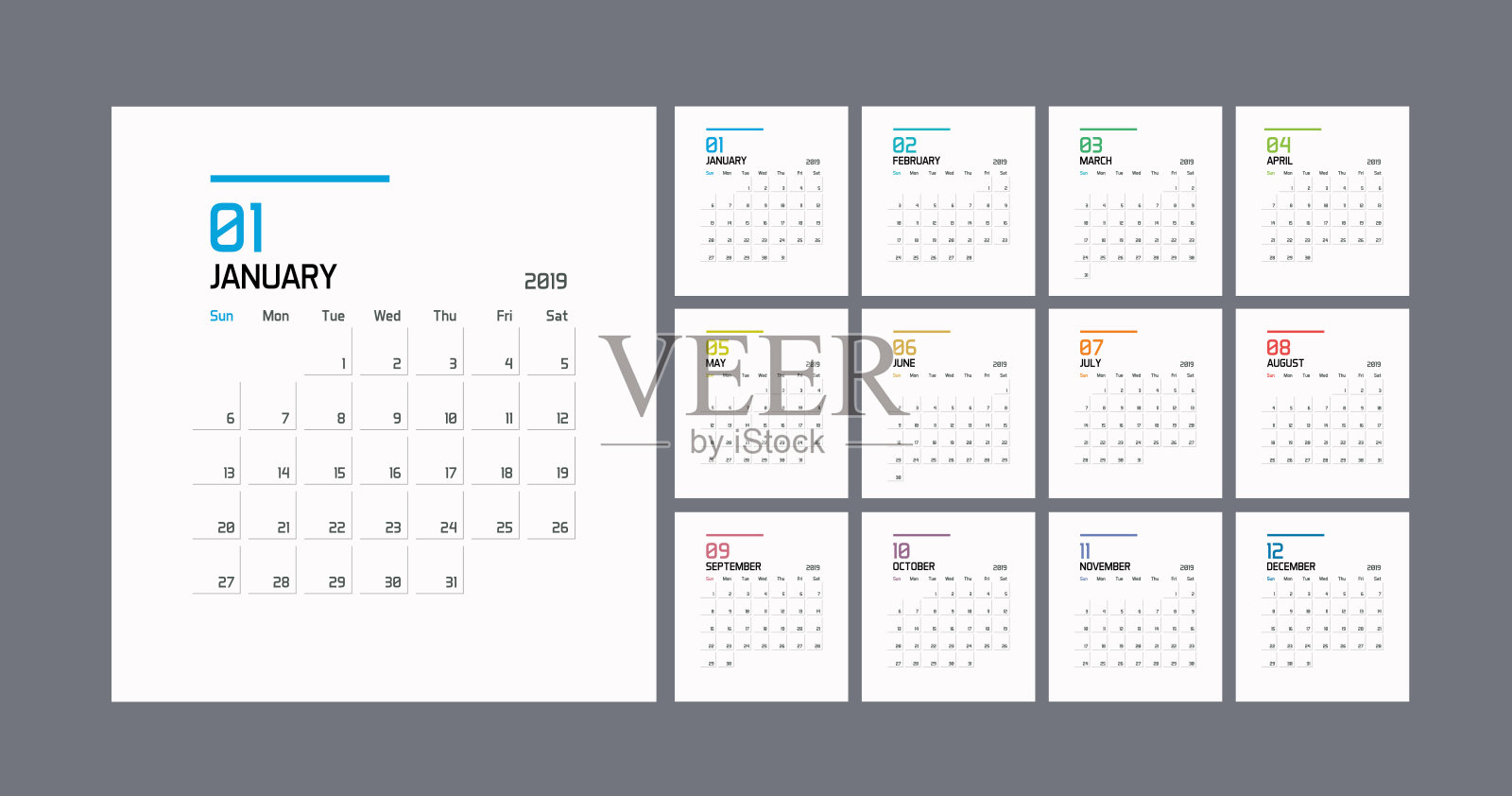 现代最小日历计划模板2019年。矢量设计可编辑模板设计模板素材