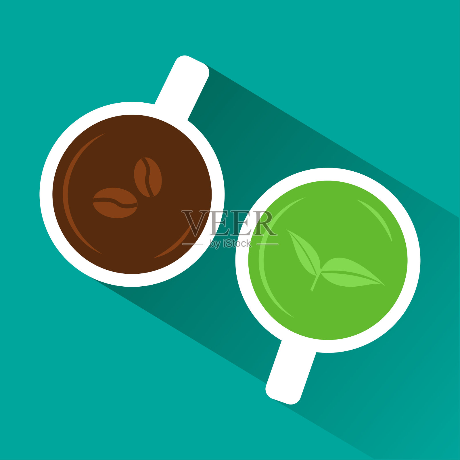 咖啡和茶。从以上观点。白色的咖啡和绿茶与绿松石背景的阴影。矢量图插画图片素材