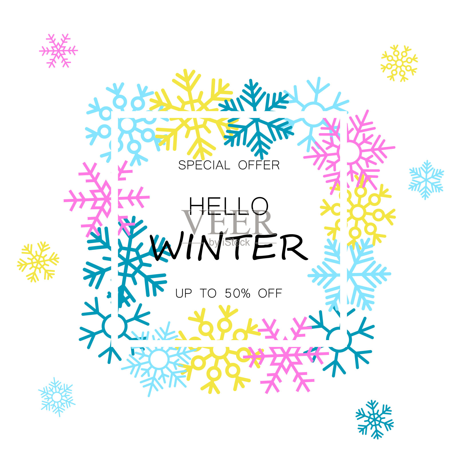 冬季促销横幅上挂着五颜六色的雪花设计元素图片