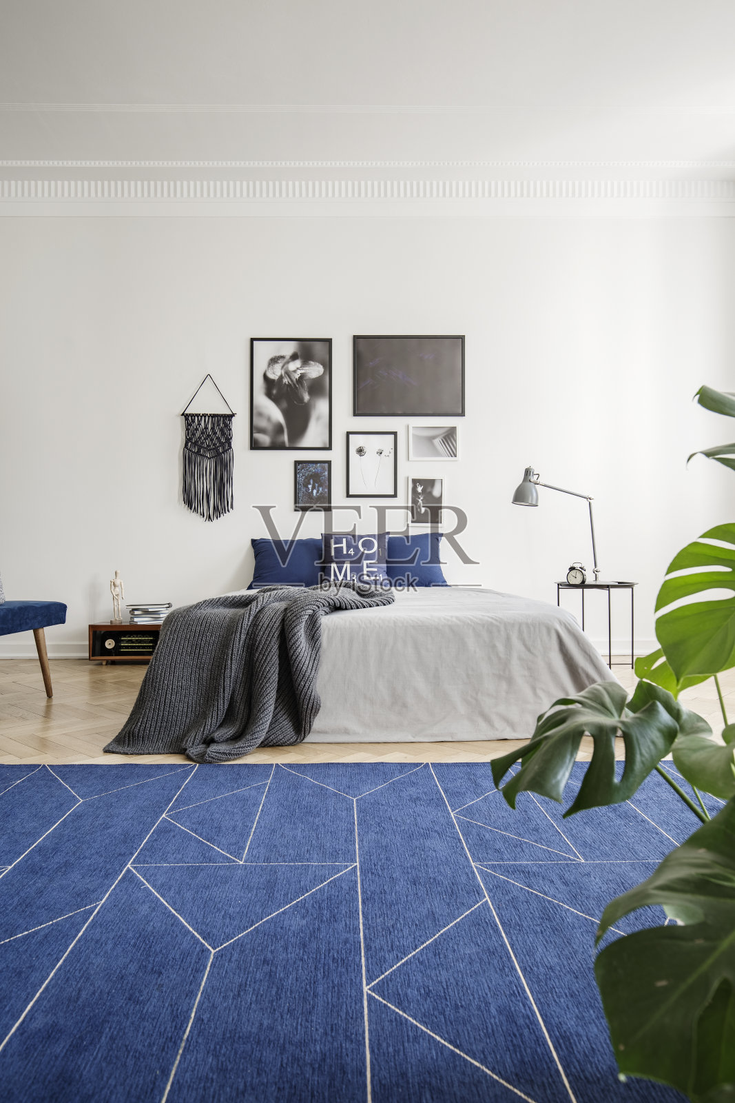 床上贴着海报，床上盖着毯子，卧室内部是白色的，有深蓝色的地毯和植物。真实的照片照片摄影图片