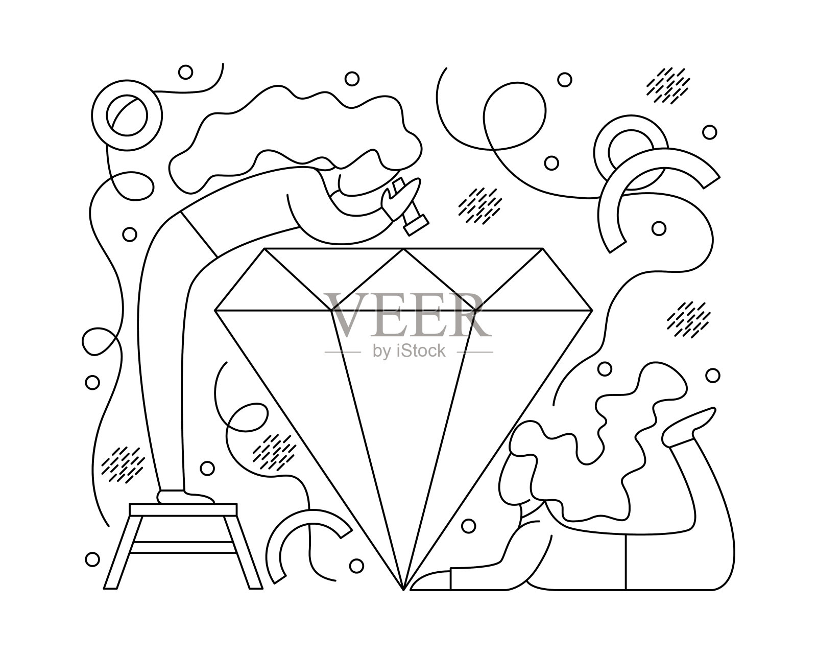 扁女孩珠宝商围绕钻石。插画图片素材