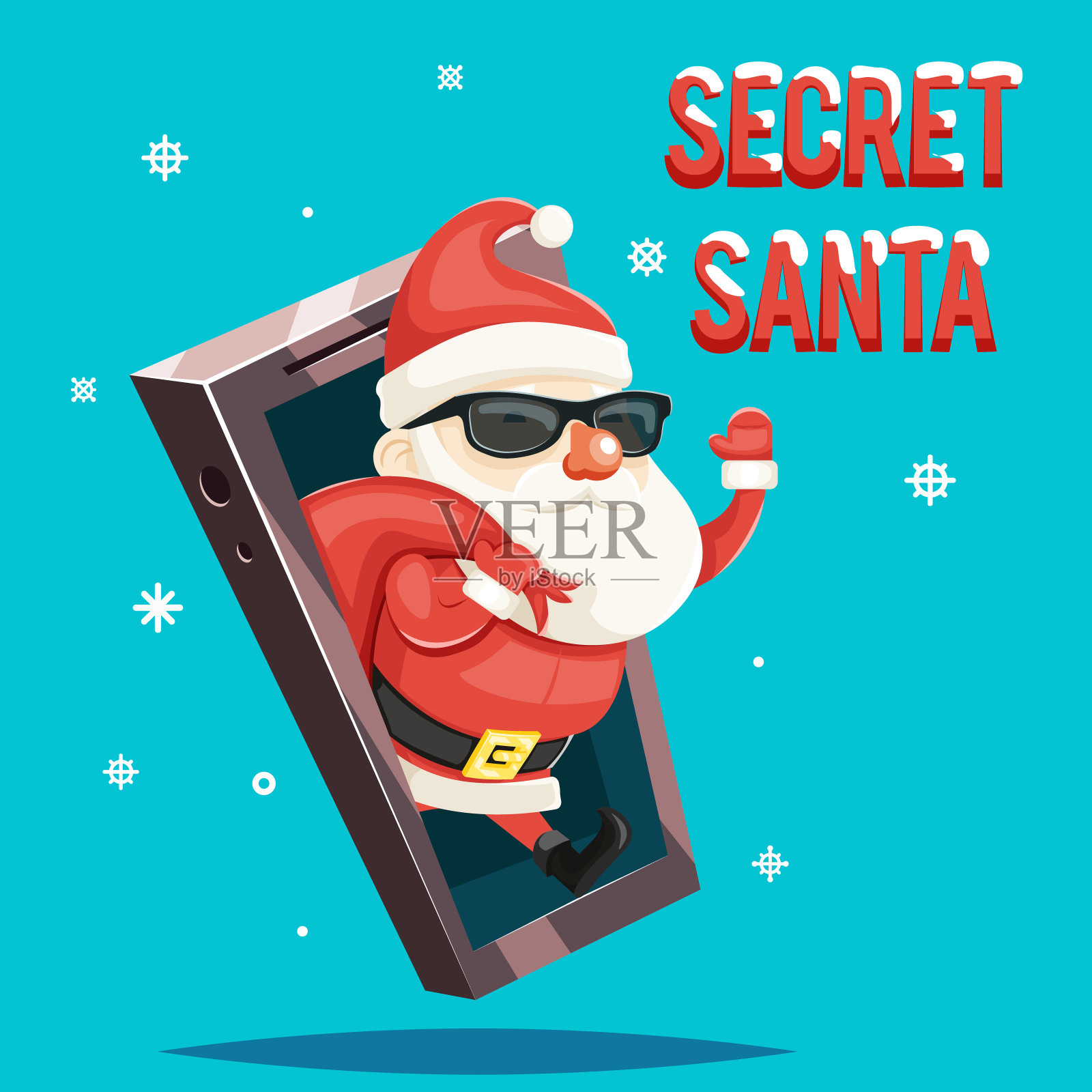 秘密圣诞老人礼物袋圣诞新年贺卡手机智能手机卡通设计矢量插图插画图片素材