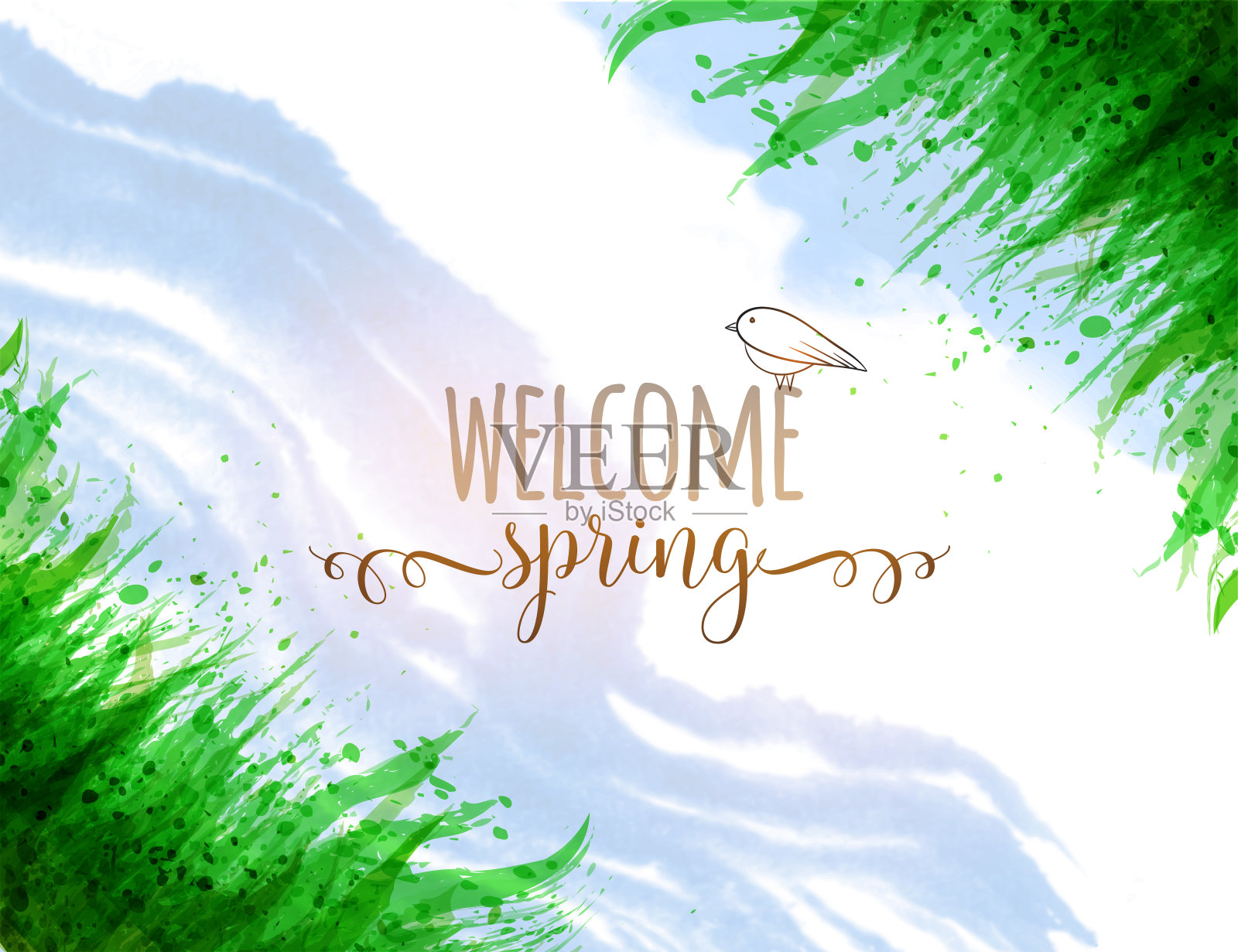排版用欢迎春天的文字，绿草和蓝天插画图片素材