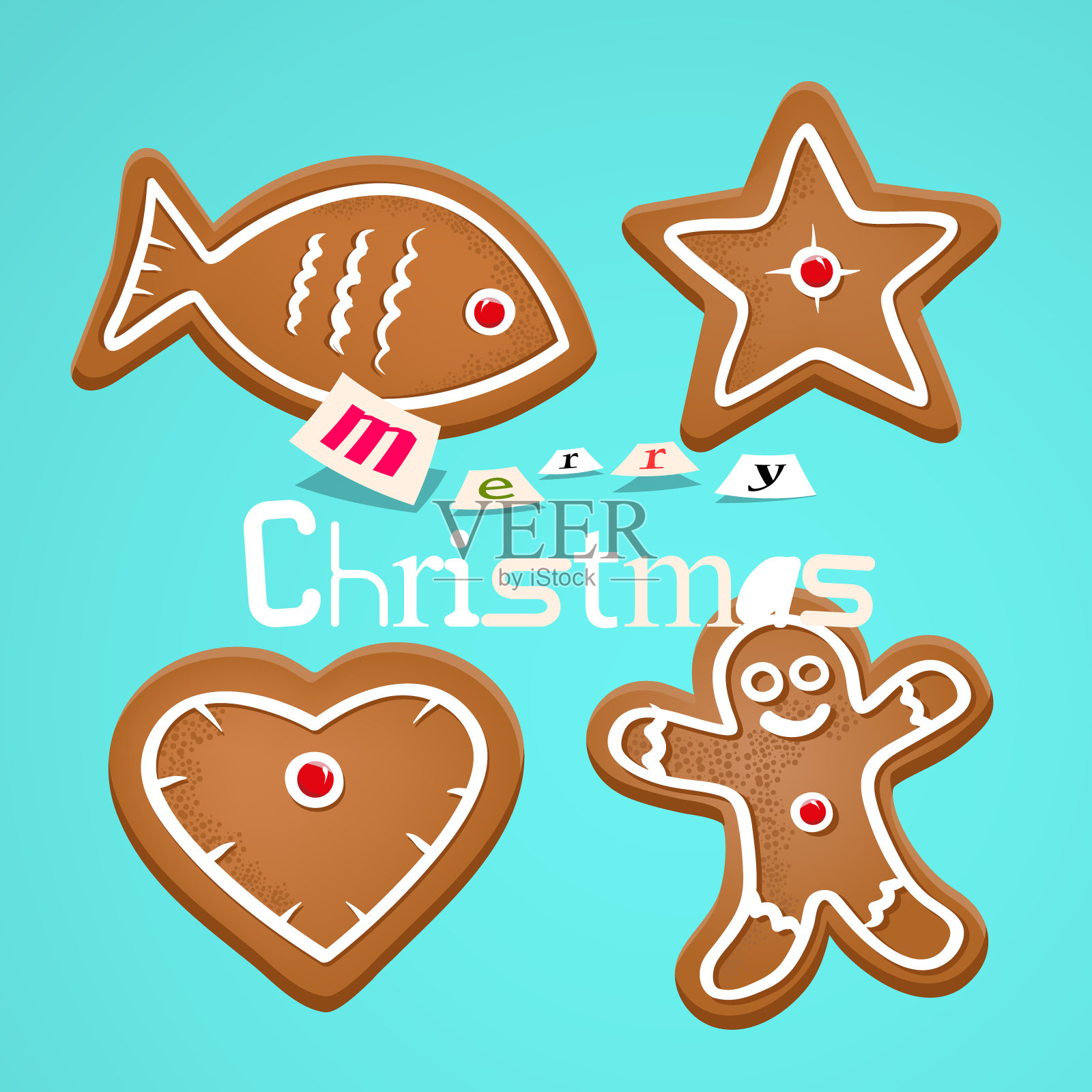 姜饼圣诞符号在复古的蓝色背景插画图片素材