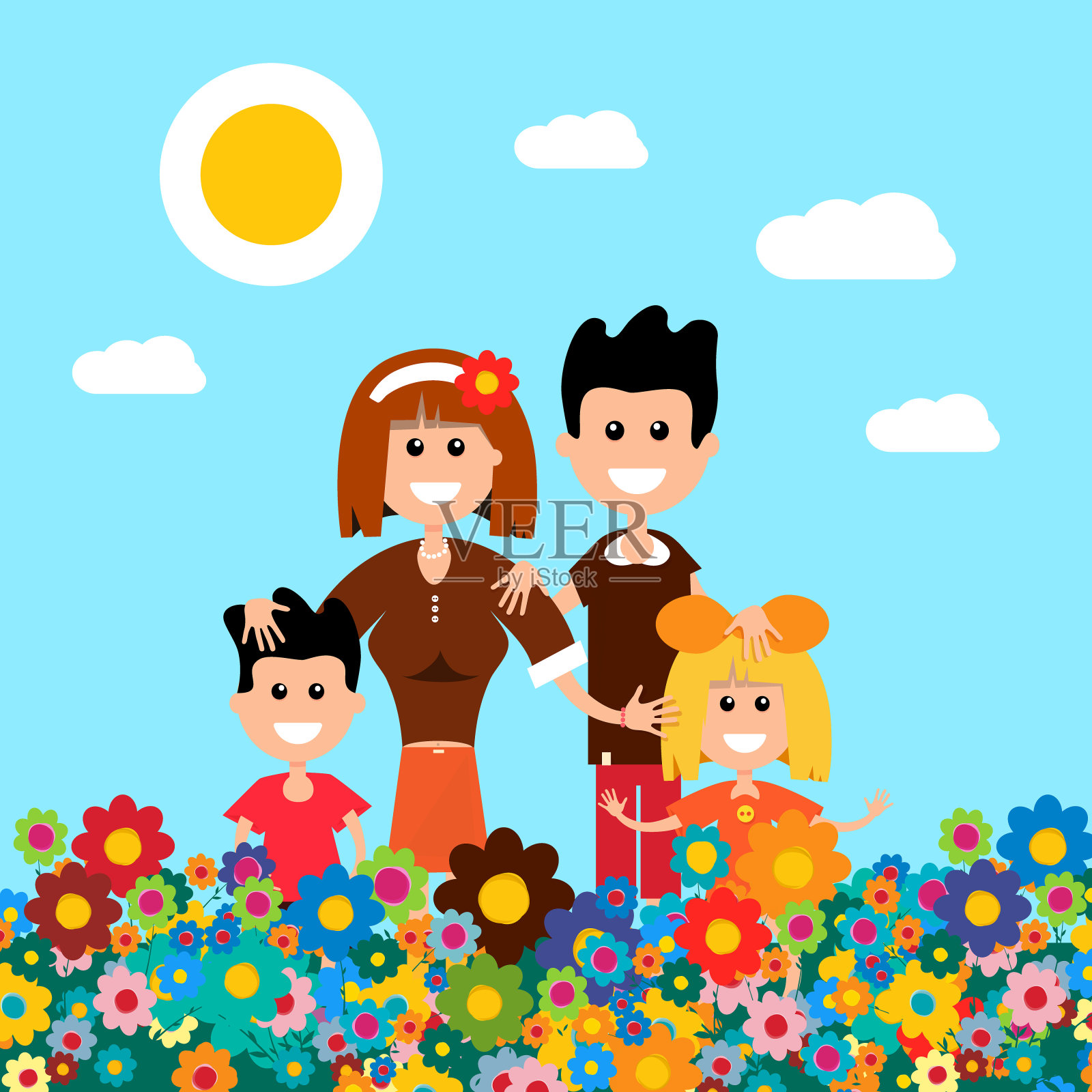 花草地上的幸福家庭插画图片素材