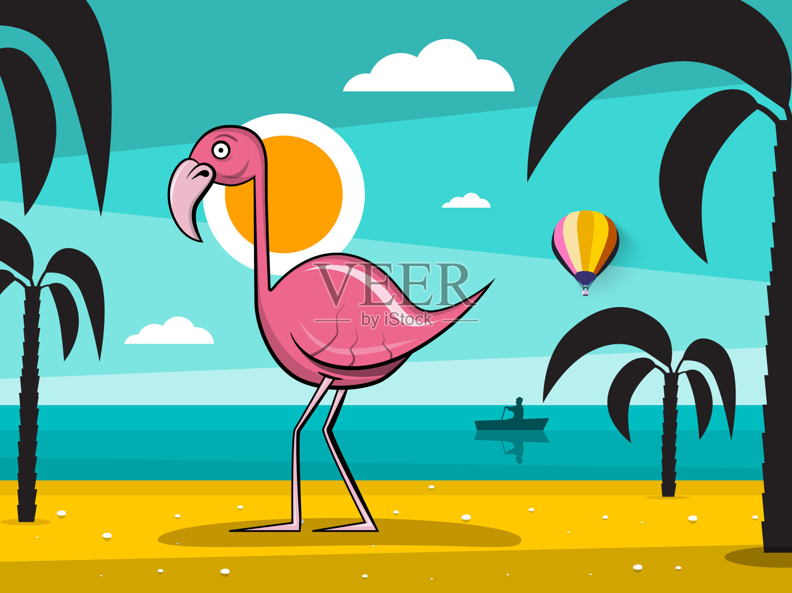 热带岛上的火烈鸟，有棕榈树插画图片素材