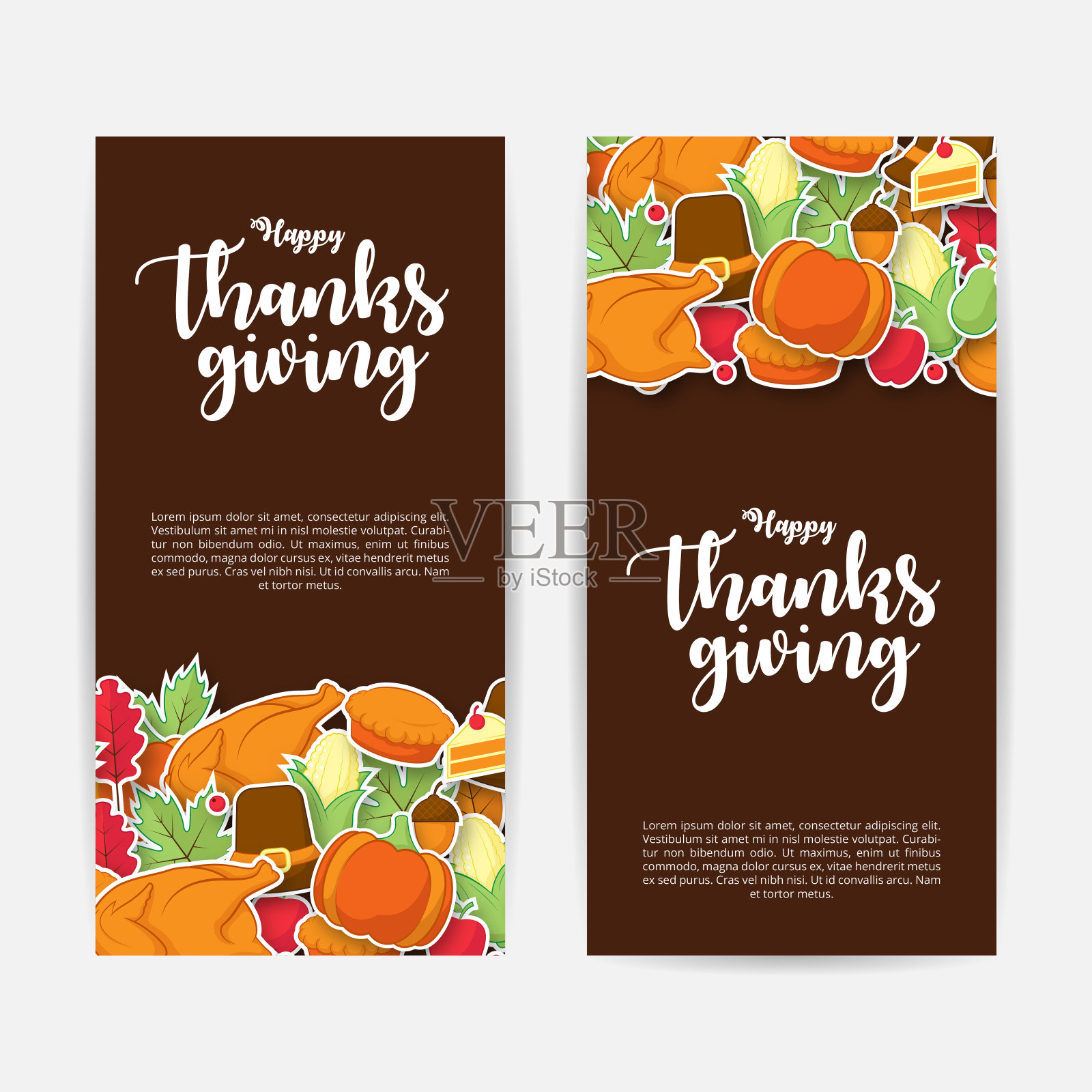 一套快乐的感恩节横幅与平面图标。可用于海报，横幅，传单，邀请，网站或贺卡。矢量图插画图片素材