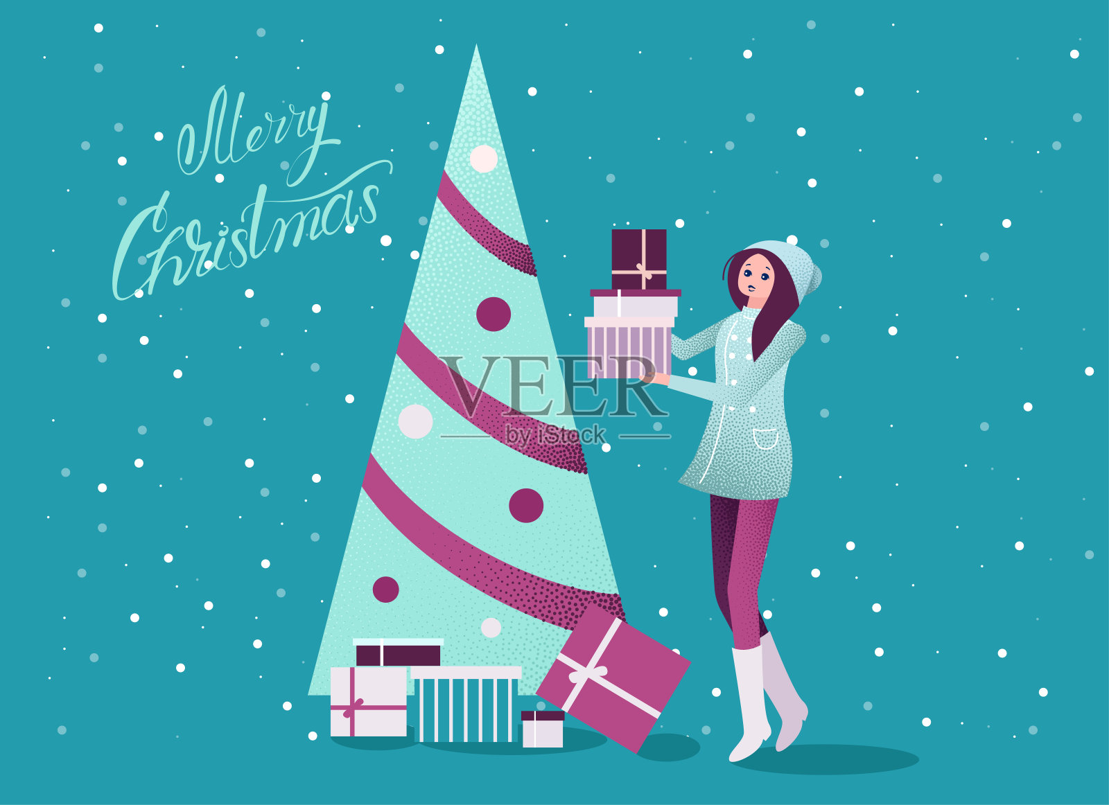 有圣诞树和带礼物的女孩的圣诞海报。插画图片素材