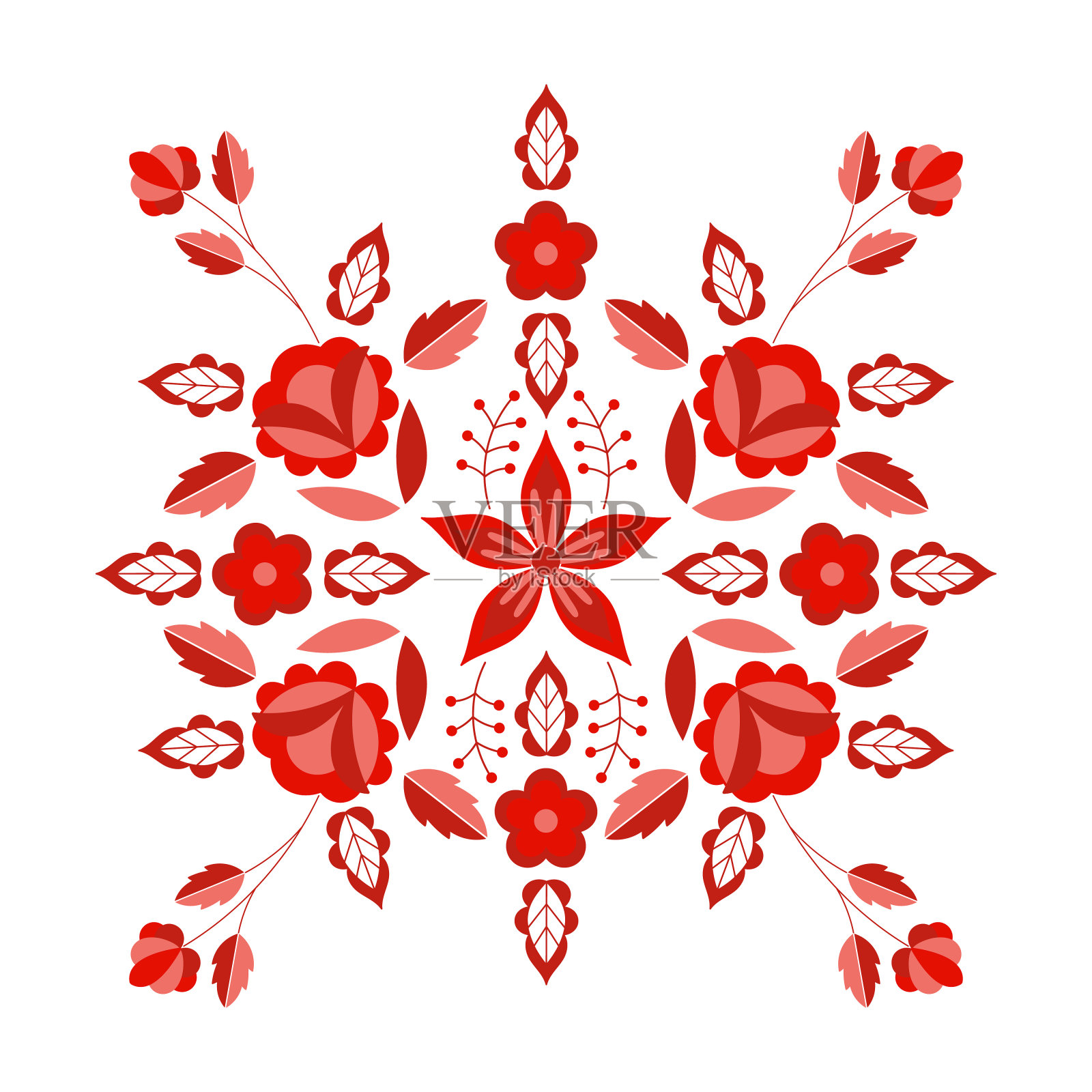 波兰民间图案向量。花的民族装饰。斯拉夫东欧印刷术。红色花朵设计的乡村婚礼卡片，吉普赛枕套，波西米亚室内纺织品，波西米亚时装刺绣。插画图片素材
