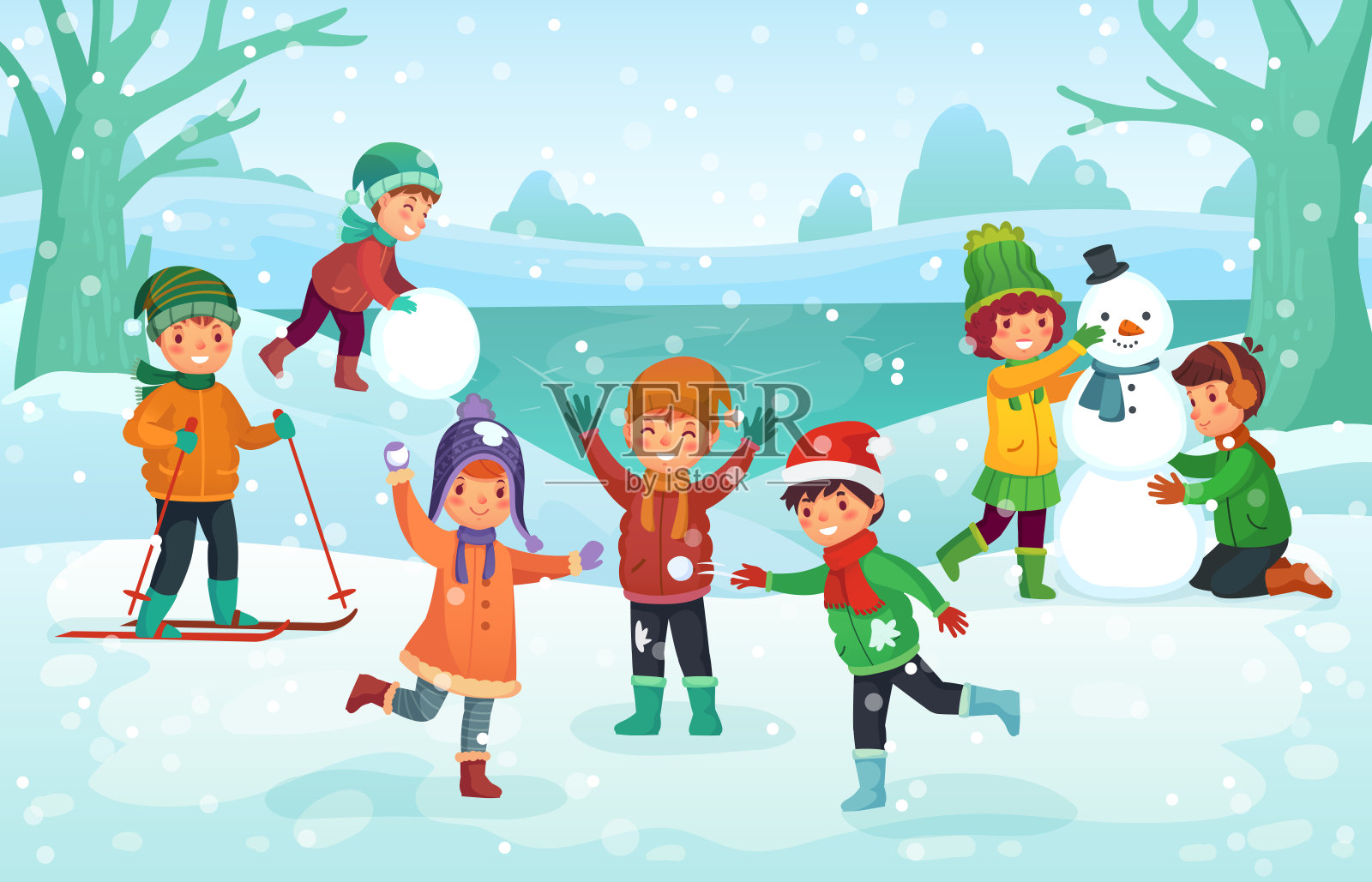 冬天是孩子们的乐趣。快乐可爱的孩子在户外玩冬天的帽子。圣诞冬季假期卡通矢量插图插画图片素材